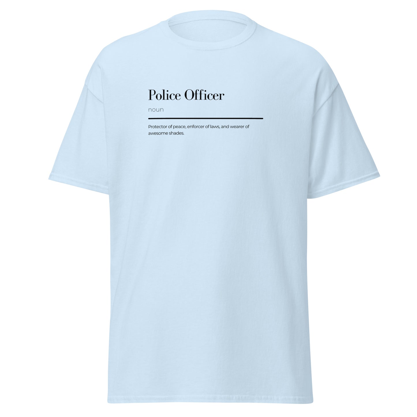 Unisex classic tee with "Police Officer" wordplay design, 100% cotton, trendy streetwear fashion, sustainable graphic t-shirt.