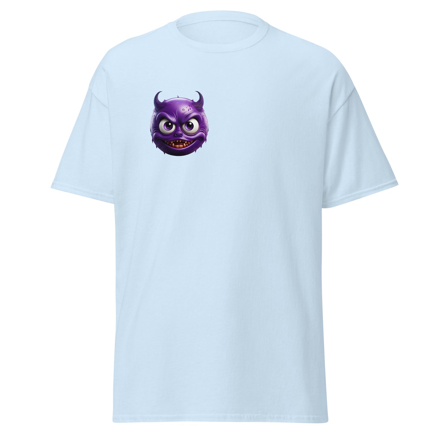 Mischievous Devil Emoji Unisex Tee in Light Blue, Eco-Friendly Cotton, Trendy Streetwear, Creative Graphic T-Shirt Design.