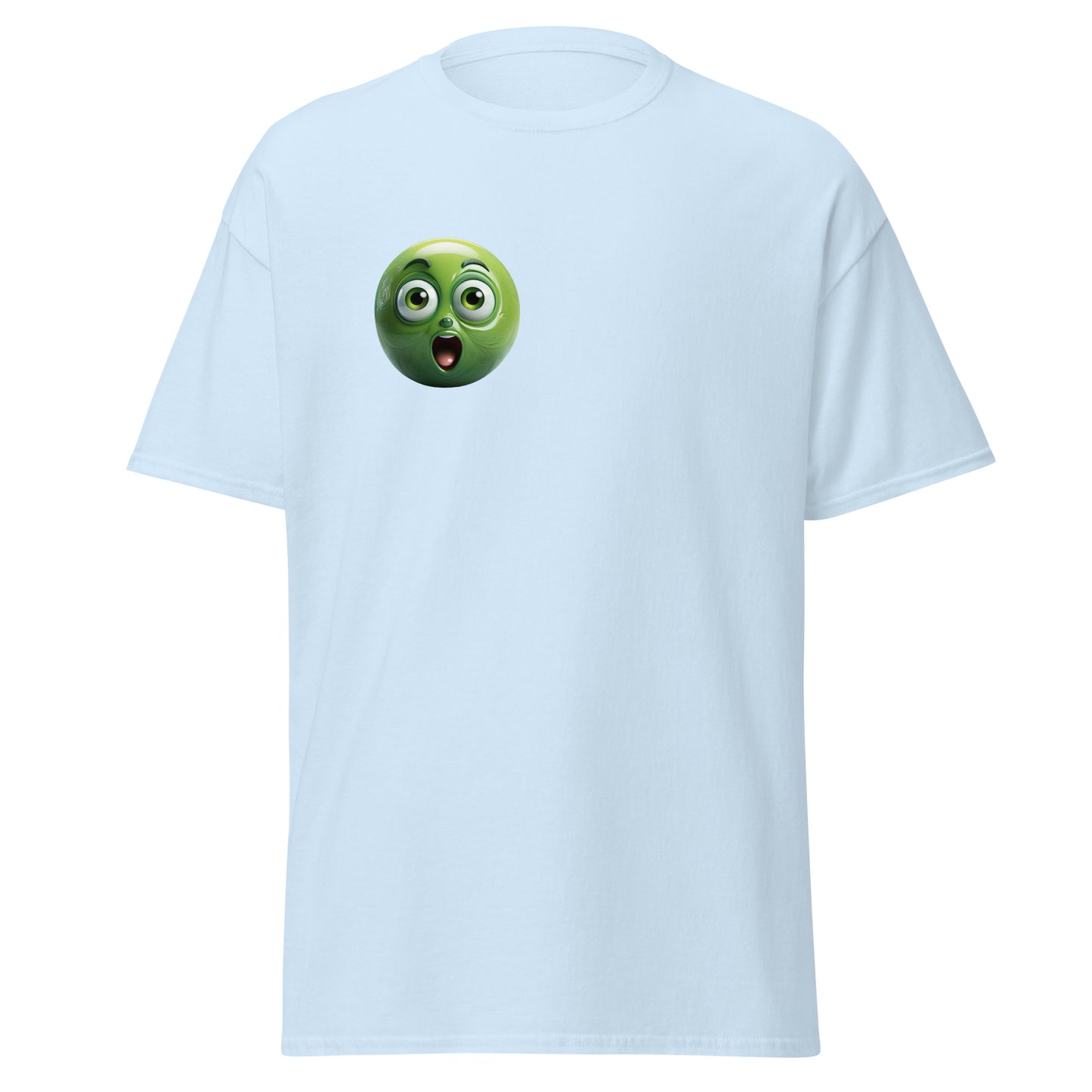 Unisex tee with surprised emoji design, trendy streetwear fashion, 100% cotton, perfect for casual wear and eco-friendly statement pieces.