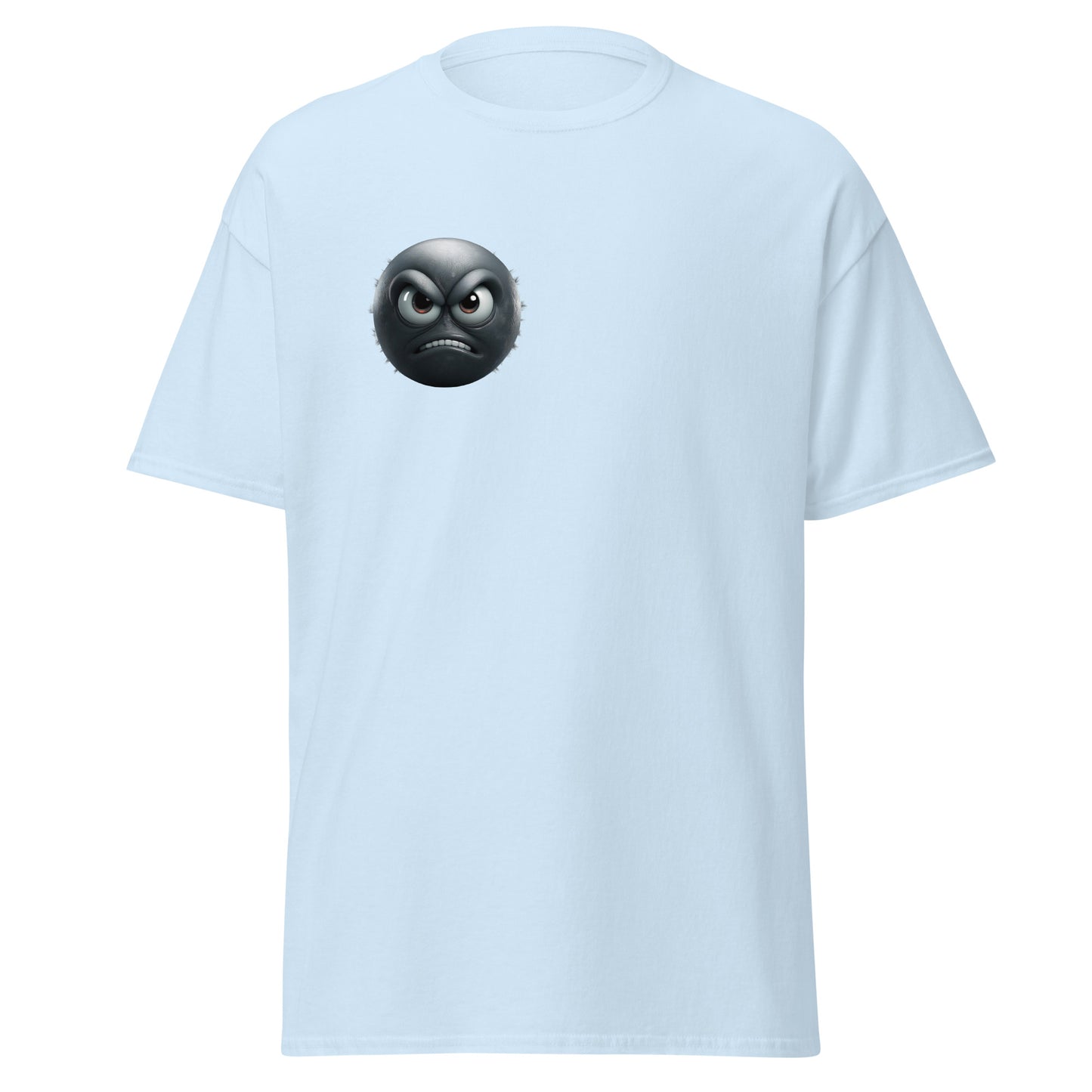 Unisex classic tee with annoyed mood emoji, minimalist design, 100% cotton, perfect for streetwear and sustainable fashion lovers.