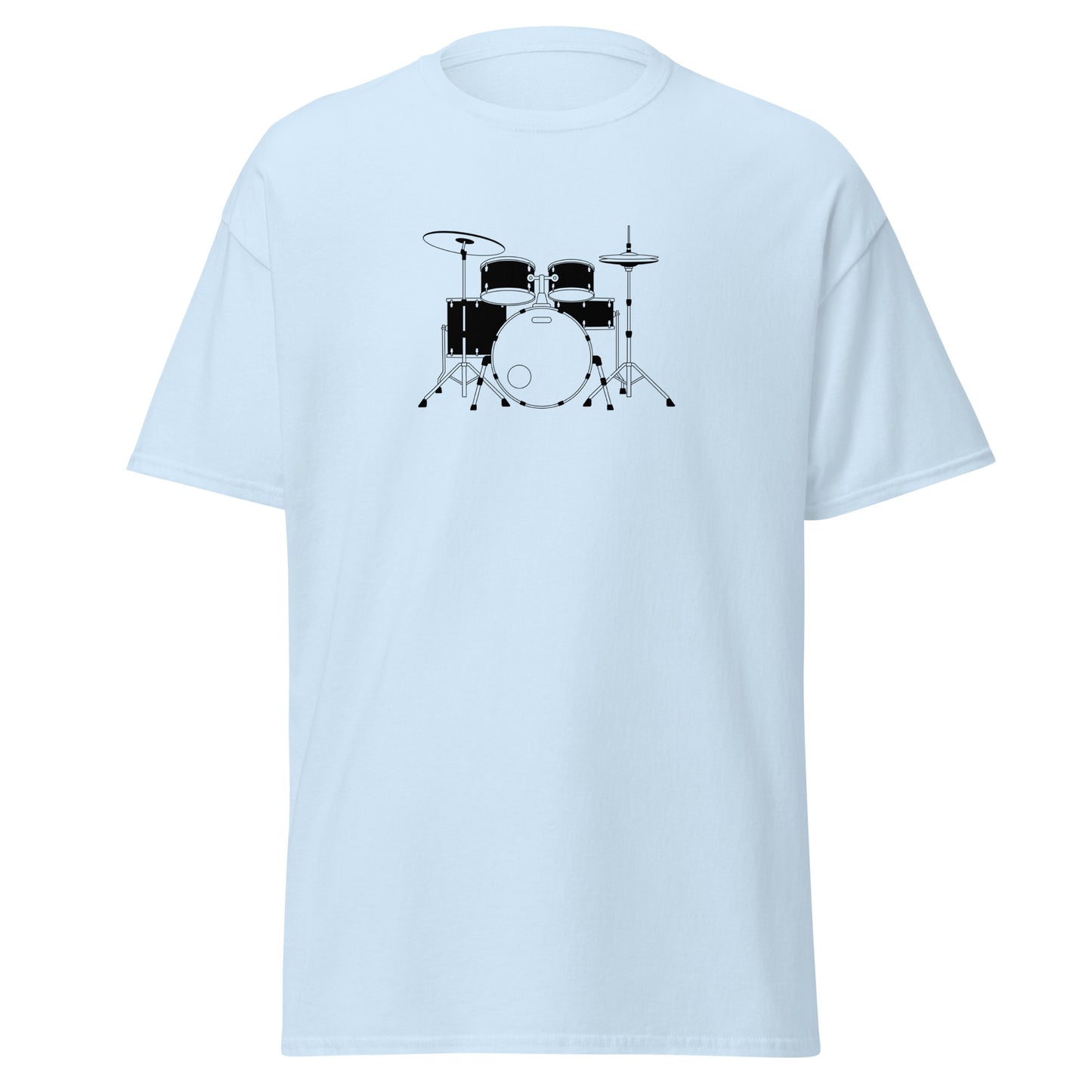 Unisex classic tee with drum set design, trendy streetwear fashion, 100% cotton, eco-friendly, perfect for casual and layered outfits.