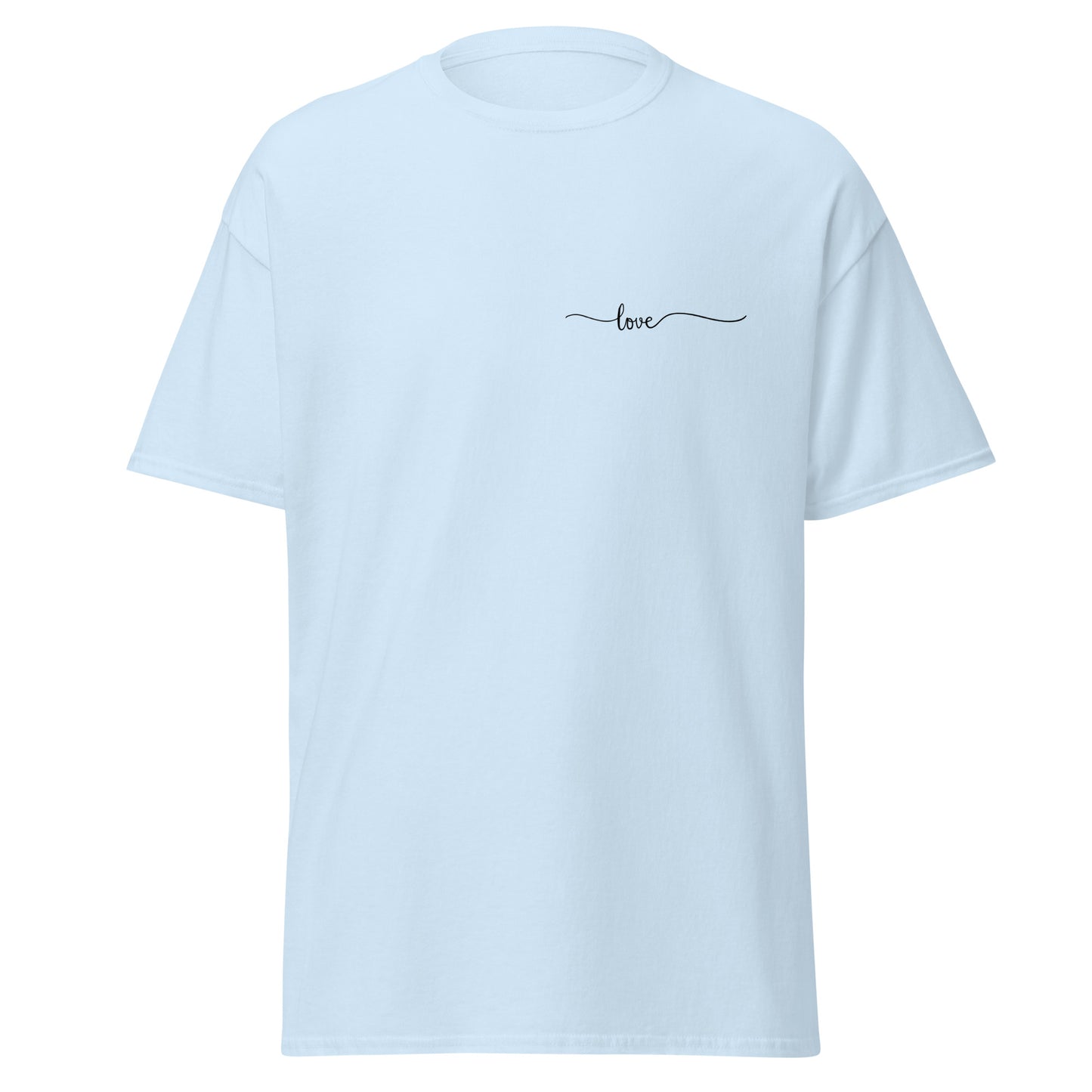 Light blue unisex classic tee with minimalistic "love" design, perfect for trendy streetwear and sustainable fashion lovers.