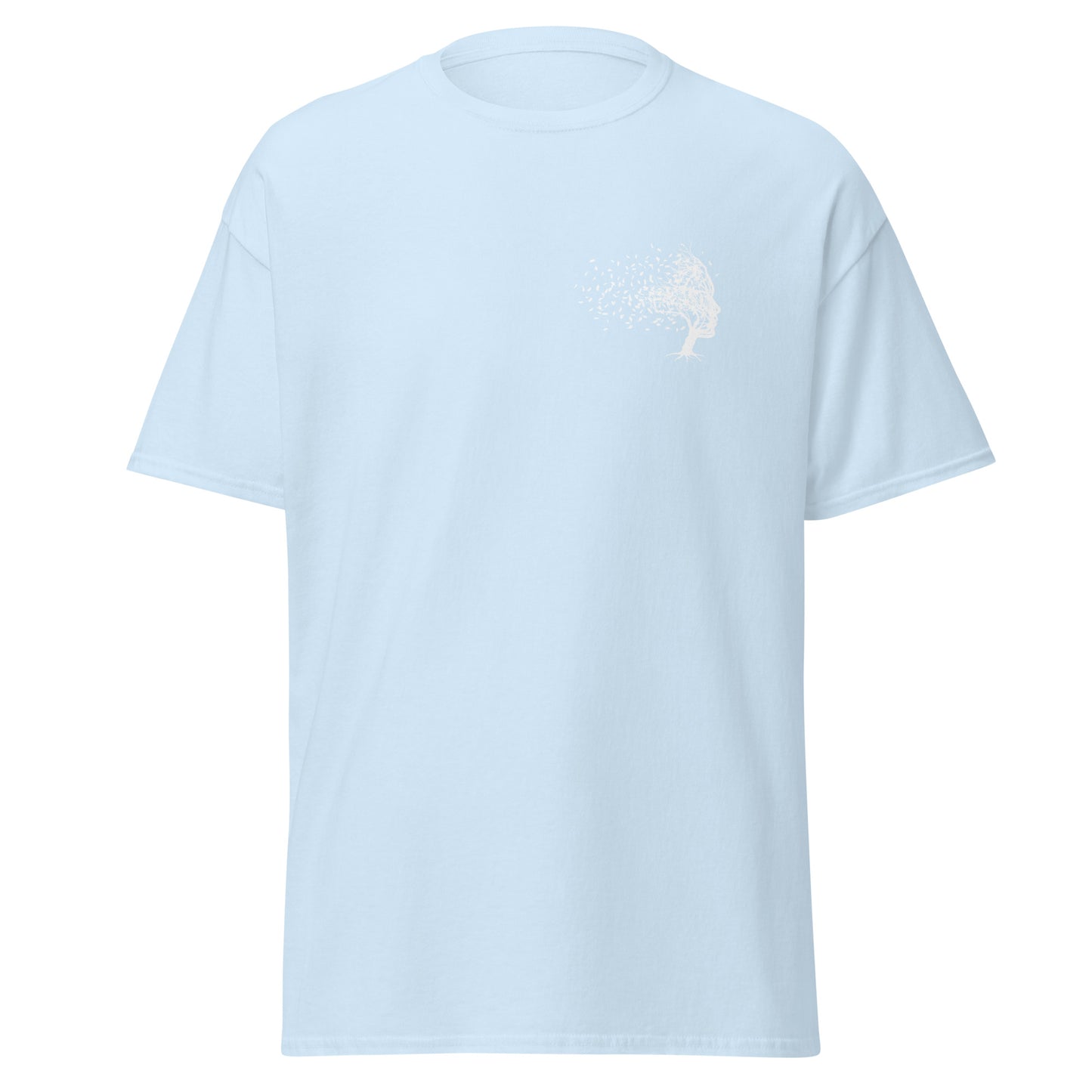 "Fading Thoughts unisex classic tee in light blue, featuring a minimalist artistic design, perfect for trendy and sustainable fashion lovers"