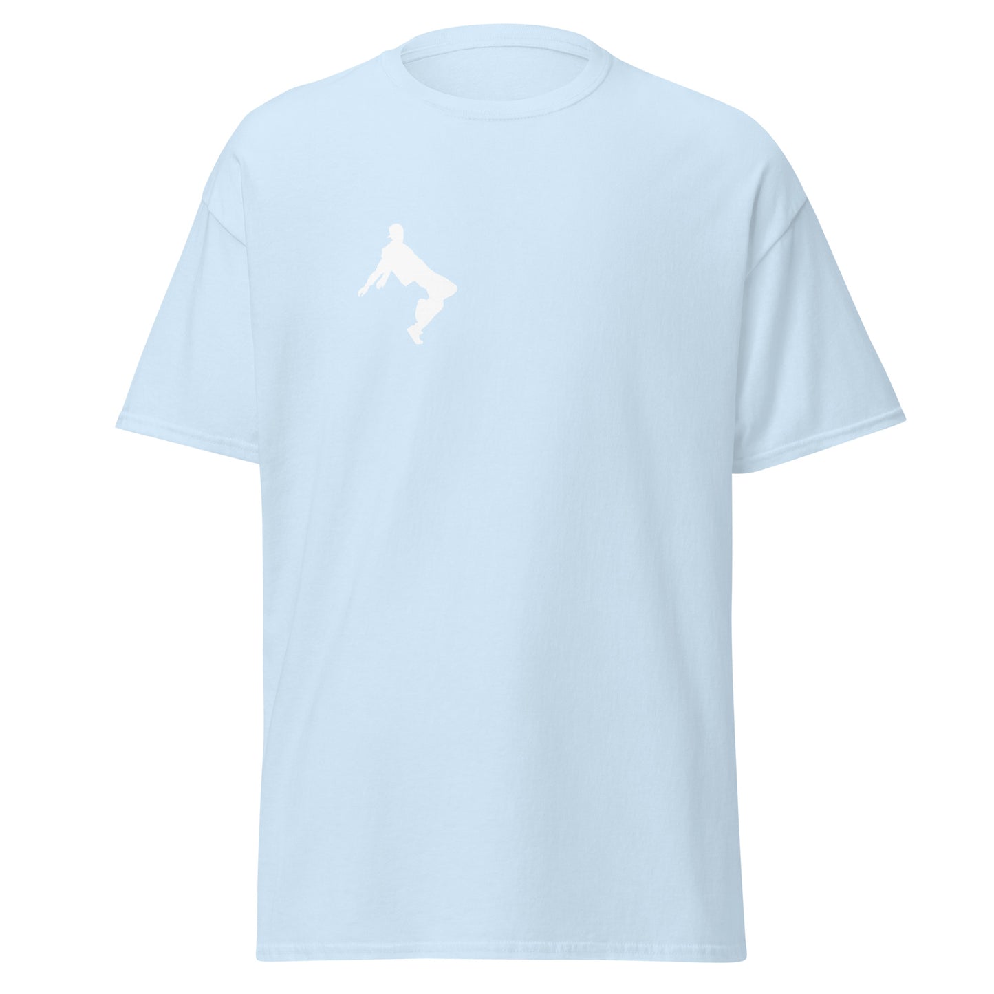 Light blue unisex classic tee with minimalist graphic, perfect for trendy streetwear outfits and sustainable fashion enthusiasts.