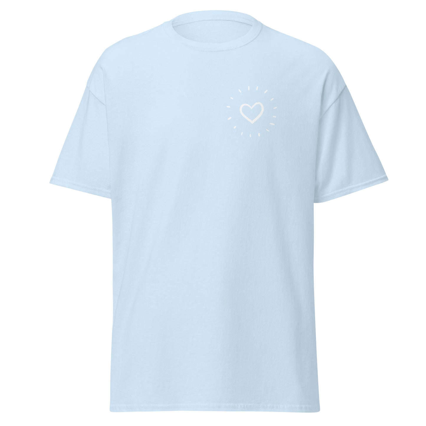 Light blue unisex classic tee with heart design, eco-friendly cotton, trendy streetwear, sustainable fashion statement piece.