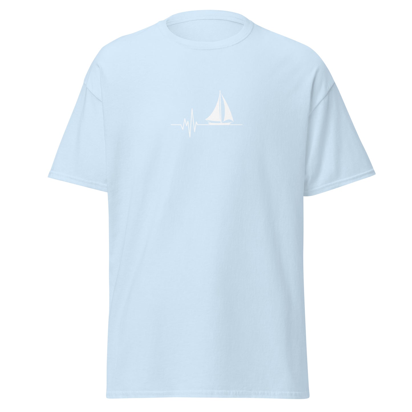 Light blue unisex tee with sailboat graphic, trendy streetwear design, 100% cotton, sustainable fashion, perfect for casual outfits.