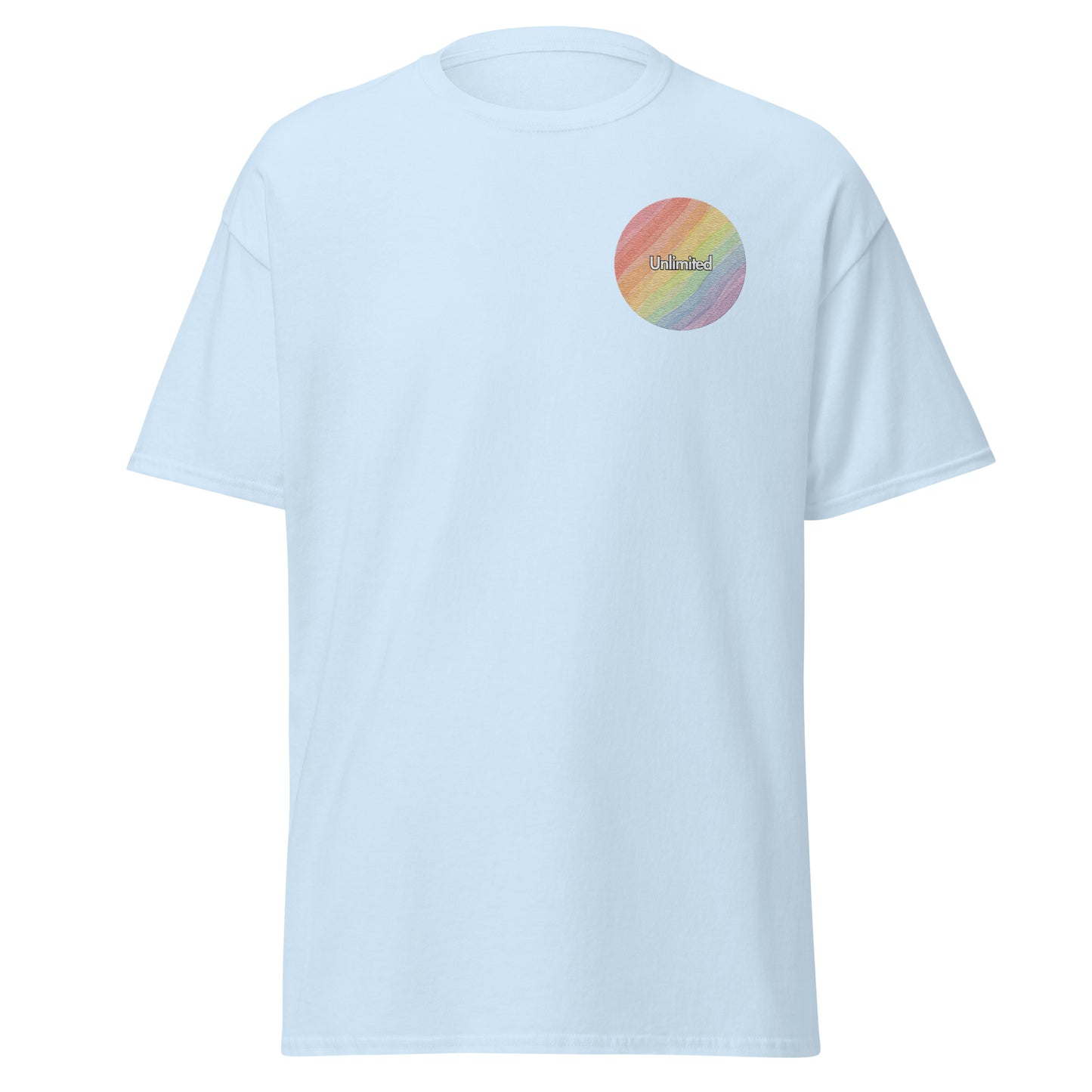 "Stitched endless spectrum unisex classic tee with colorful emblem, perfect for streetwear and eco-friendly fashion enthusiasts"