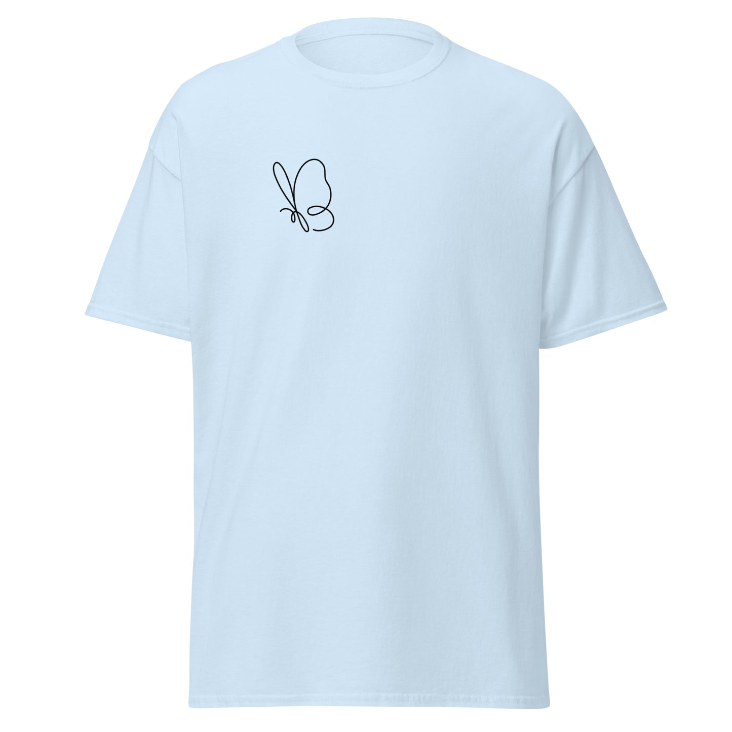 Light blue unisex classic tee with minimalist butterfly design, perfect for trendy streetwear and sustainable fashion lovers.