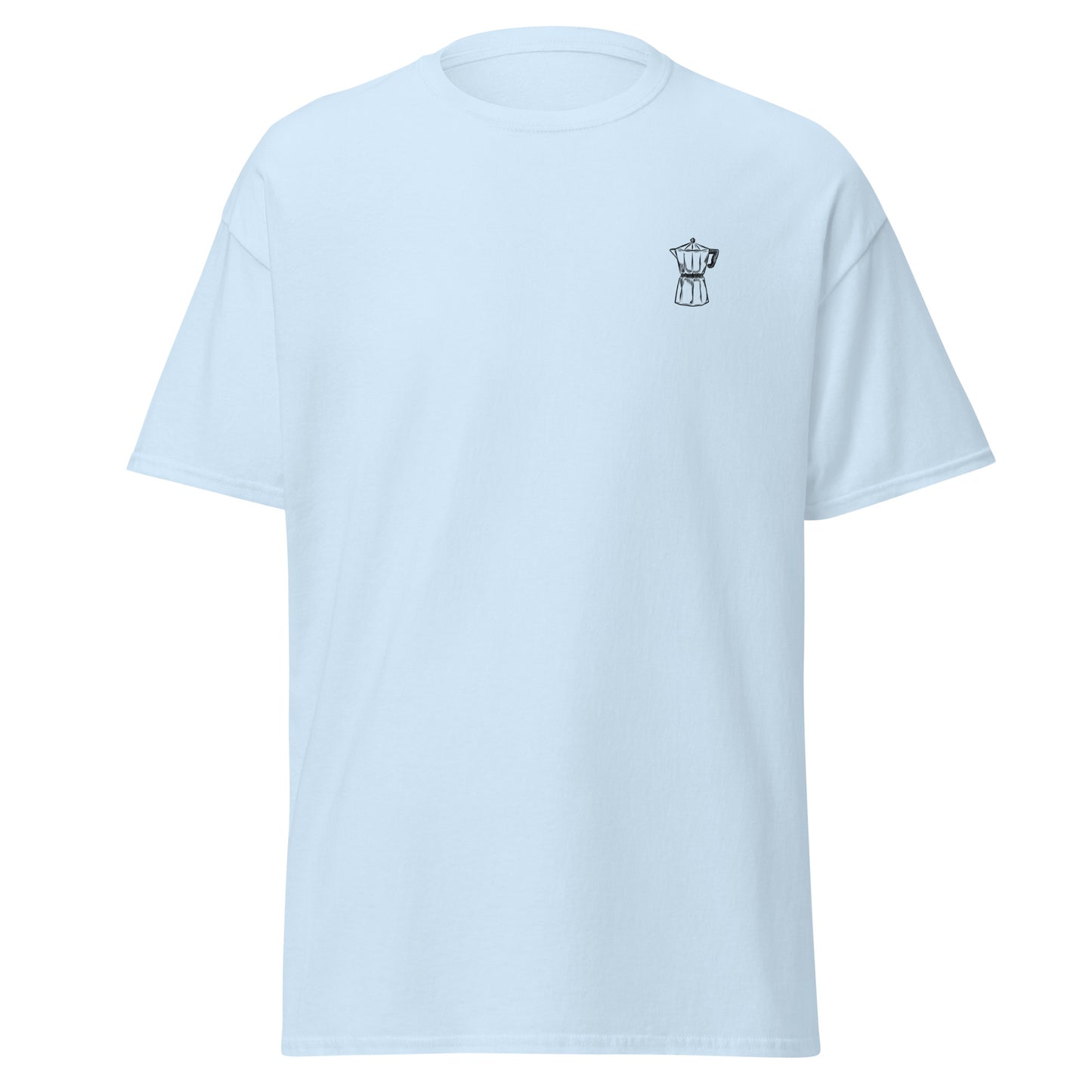 Unisex classic tee in light blue with minimalist graphic, perfect for trendy streetwear and eco-friendly fashion lovers.