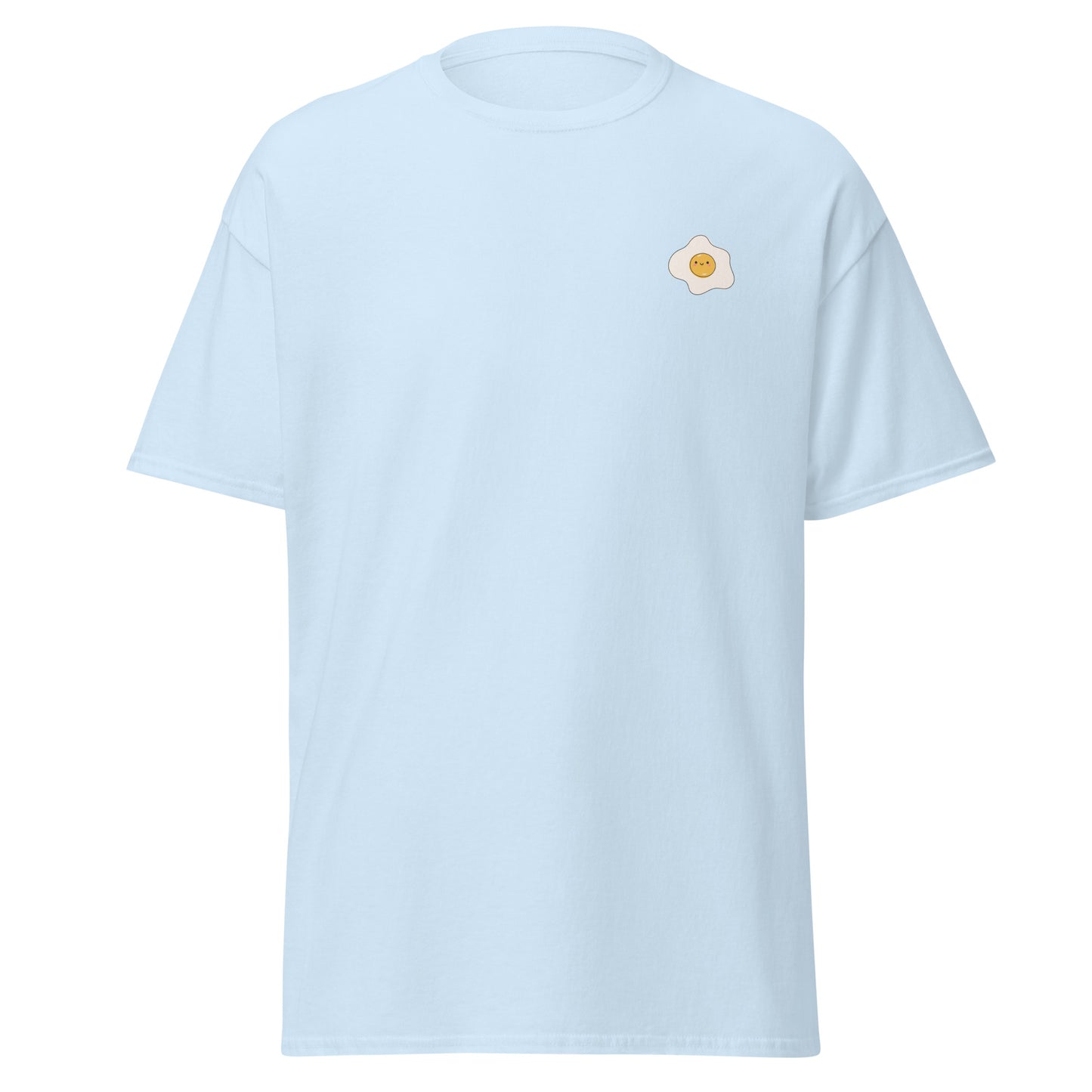 Unisex classic tee with fried egg design, 100% cotton, light blue, perfect for trendy streetwear and sustainable fashion enthusiasts.