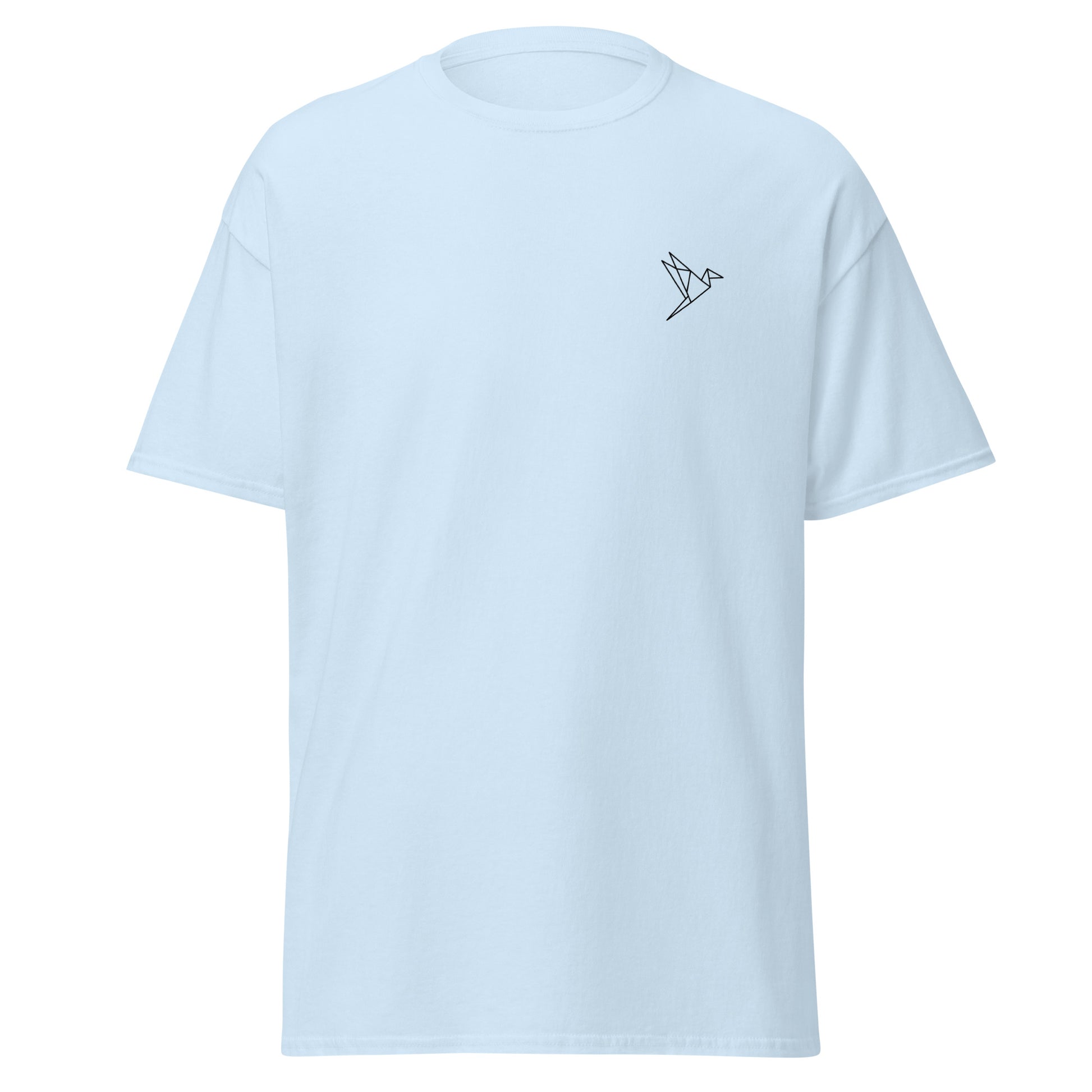 Light blue unisex cotton tee with paper flight design, minimalist and trendy streetwear fashion. Perfect for casual or layered outfits.