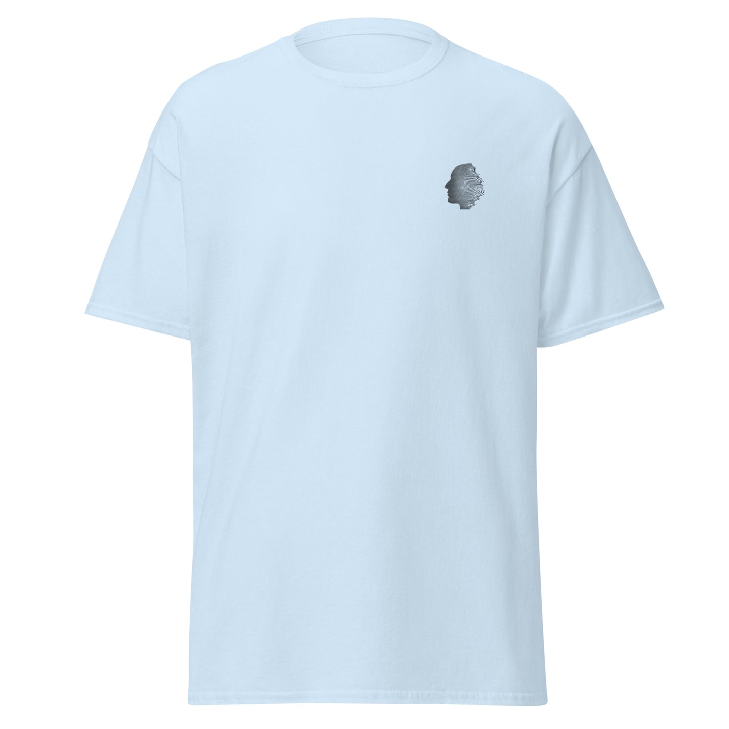 Light blue unisex tee with minimalist graphic design, 100% cotton, perfect for trendy streetwear and sustainable fashion lovers.