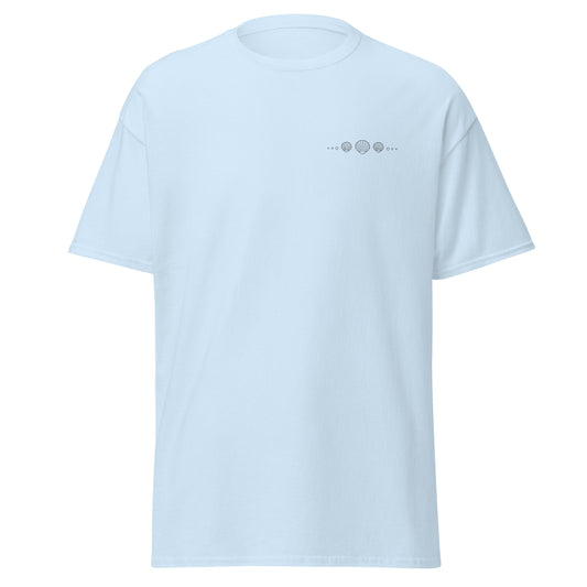 Seashell Symphony Unisex Classic Tee in light blue, made of 100% cotton, perfect for streetwear and eco-friendly fashion enthusiasts.