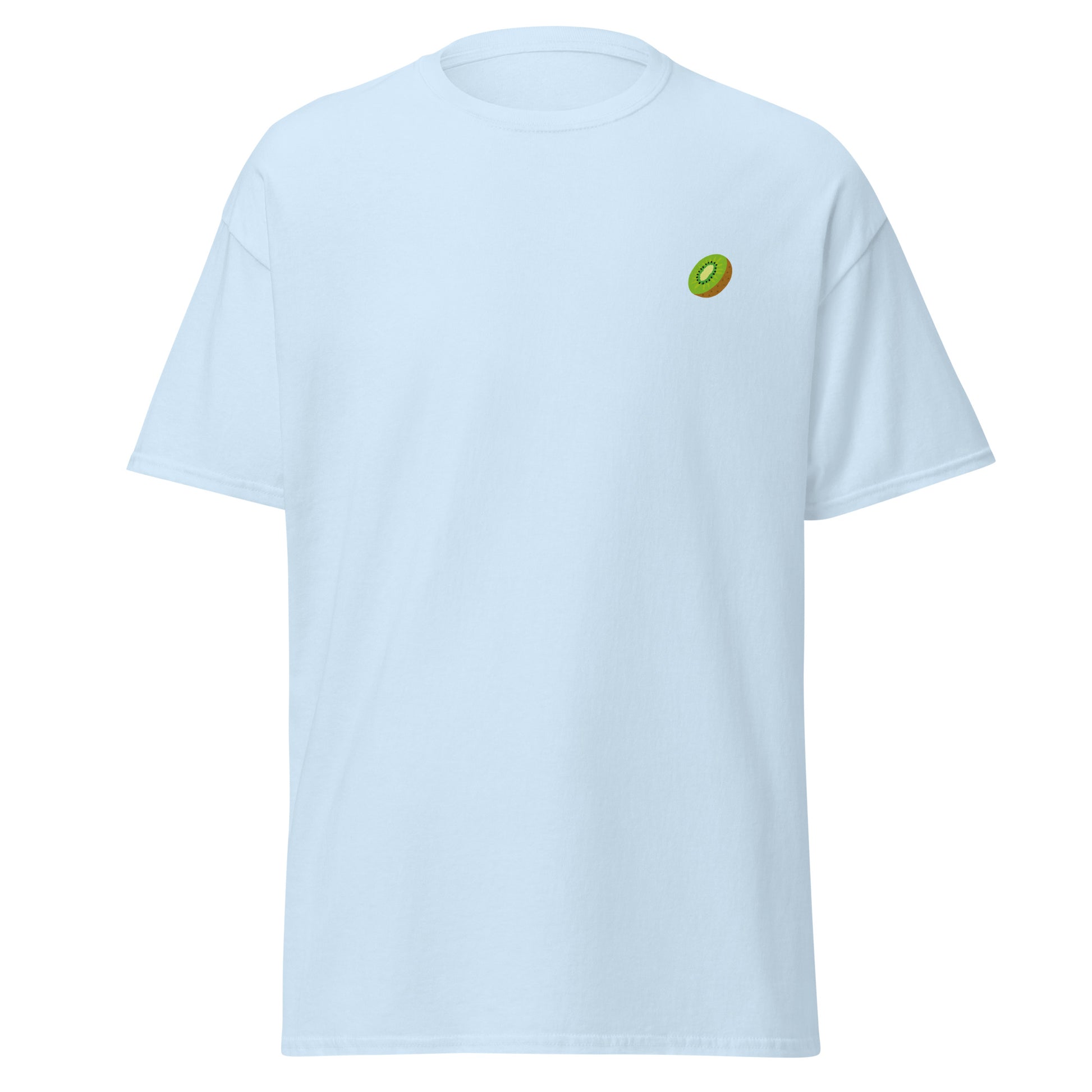 Kiwi Kicks unisex classic tee in light blue with kiwi design, 100% cotton, trendy streetwear, minimalist fashion statement piece.