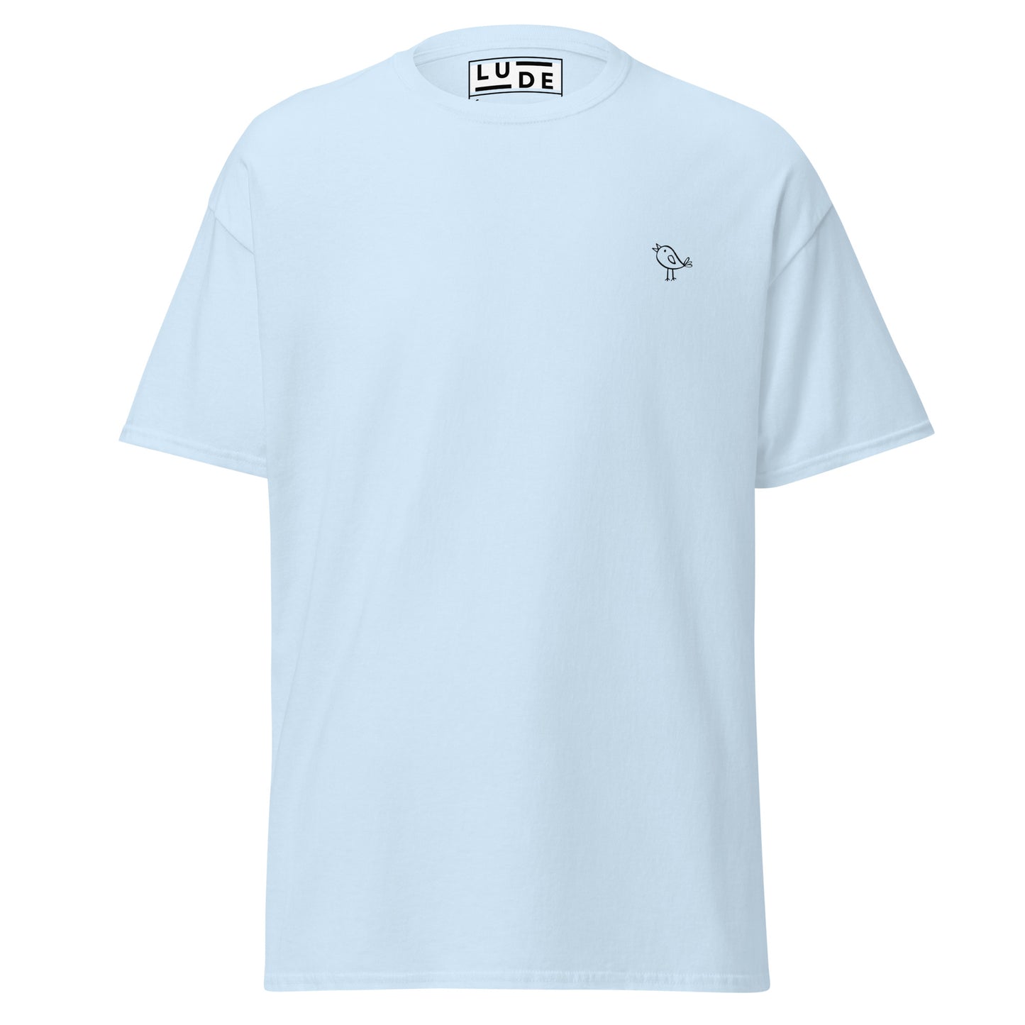 Light blue unisex classic tee with bird print, eco-friendly fashion, minimalist design, trendy streetwear apparel.