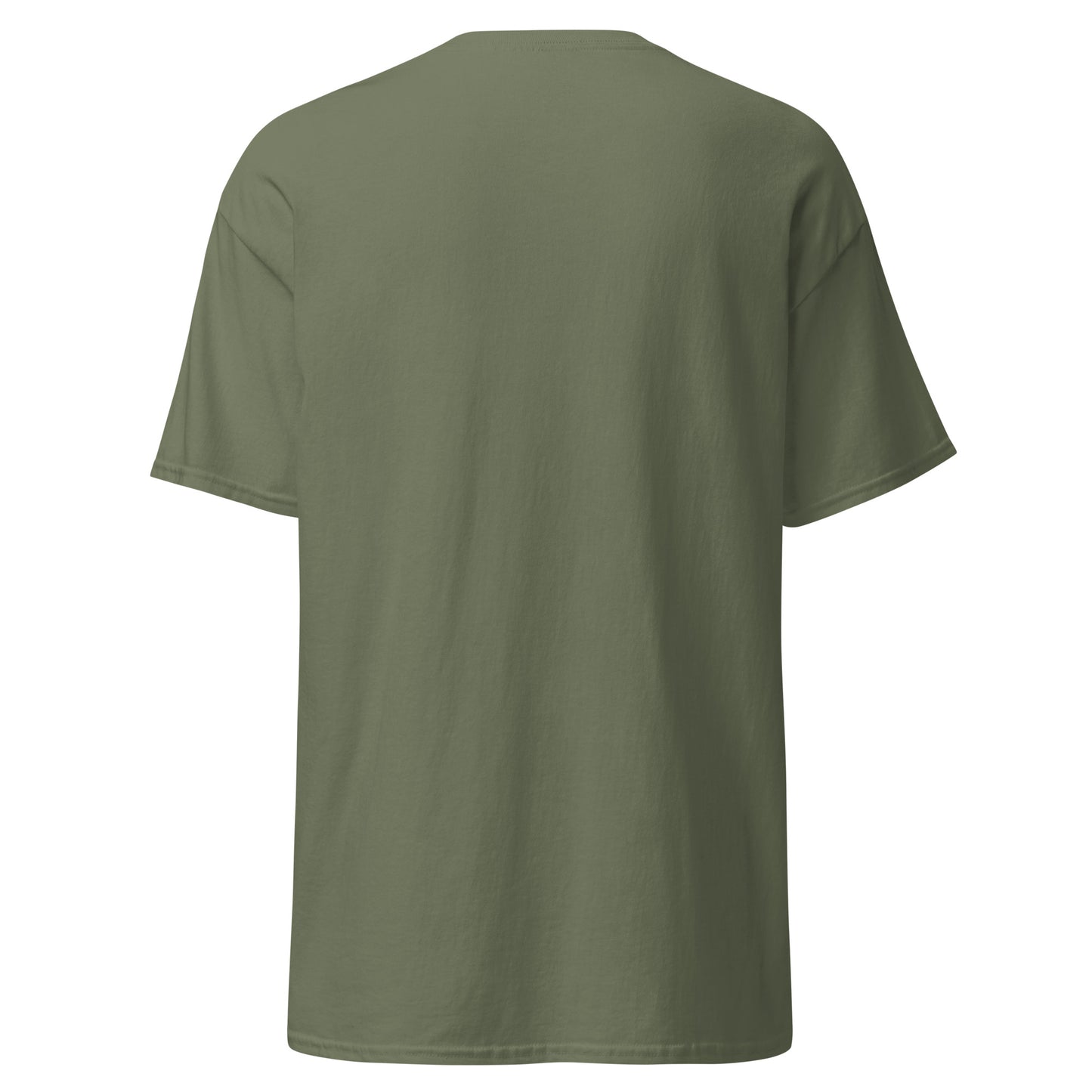 Olive green unisex classic tee back view, 100% cotton, perfect for streetwear fashion, trendy minimalist design.