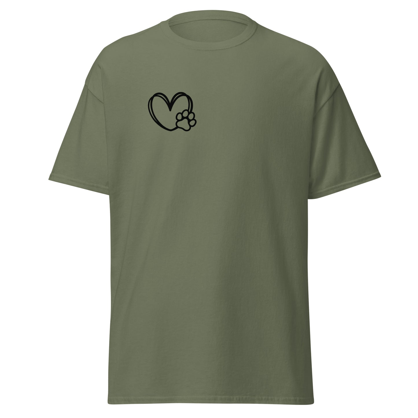 "Pawfection unisex classic tee in olive green with heart paw design, sustainable cotton, trendy streetwear fashion."