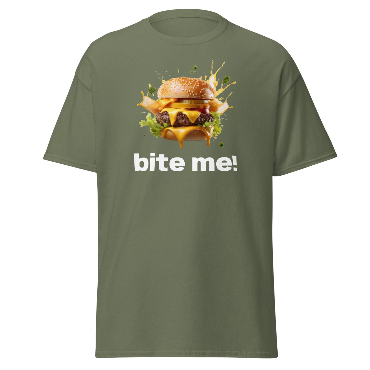 Unisex green t-shirt featuring a bold "bite me" burger graphic, perfect for streetwear enthusiasts seeking trendy, unique designs.