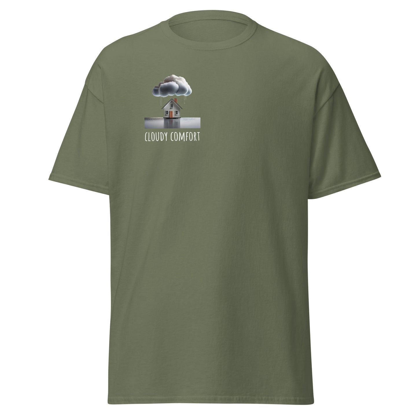 Cloudy Comfort unisex classic tee in olive green with unique design, perfect for trendy streetwear and casual fashion lovers.