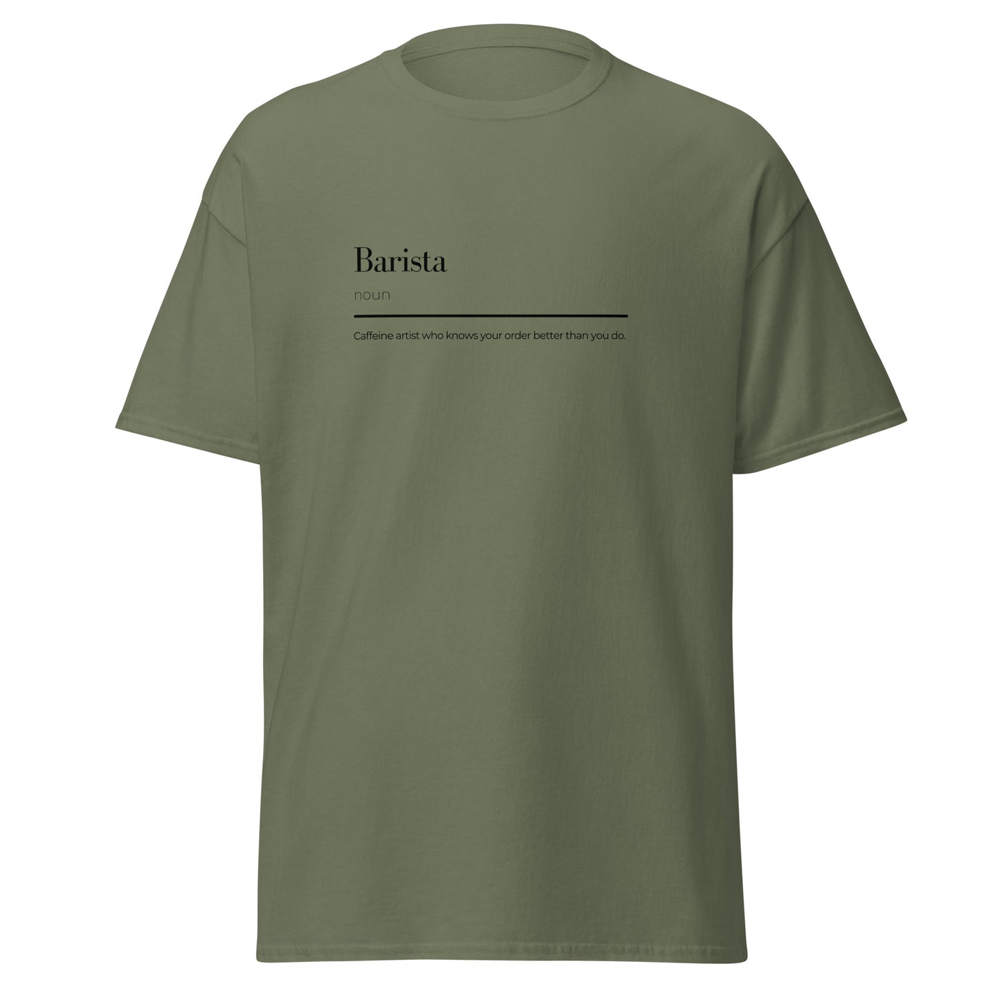 "Barista unisex classic tee in olive green with wordplay design, perfect for trendy streetwear and sustainable fashion lovers."