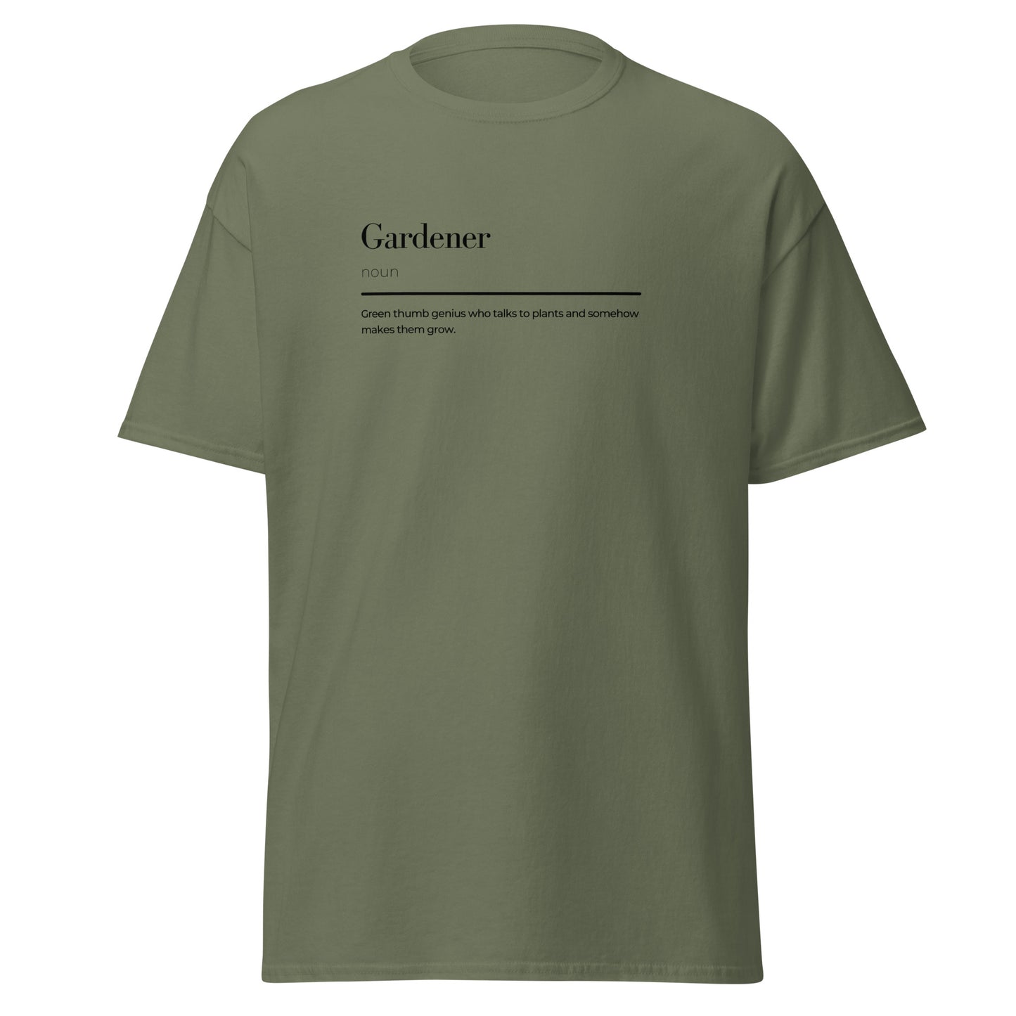 Gardener wordplay unisex classic tee in olive green, eco-friendly minimalist fashion, trendy graphic design, 100% cotton.