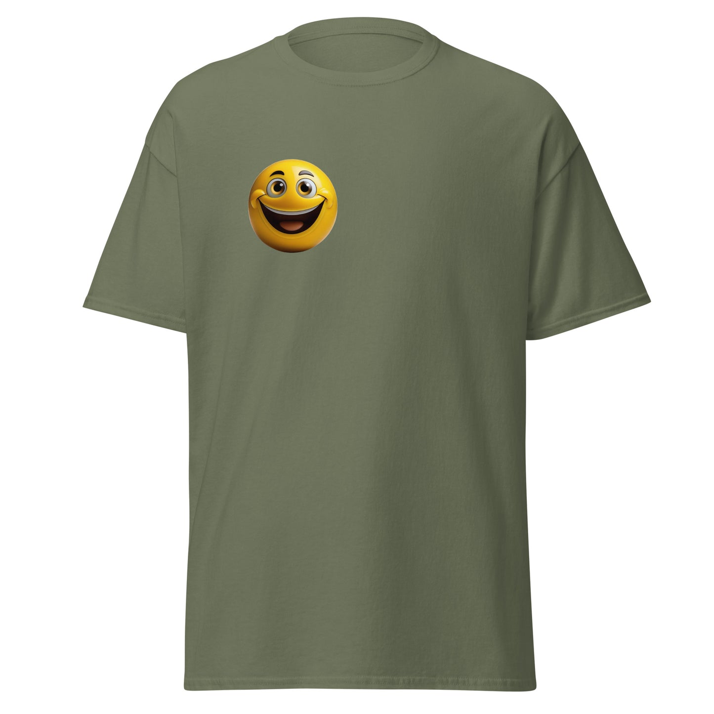 Cheerful Vibes Emoji Unisex Tee in olive green, 100% cotton, trendy streetwear fashion, unique design graphic t-shirt for casual wear.