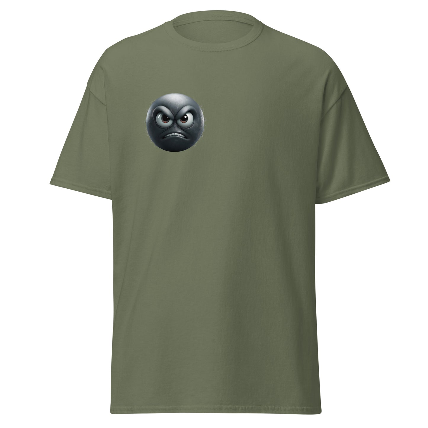 Unisex classic tee with annoyed mood emoji design in olive green, perfect for trendy streetwear and unique fashion statement.