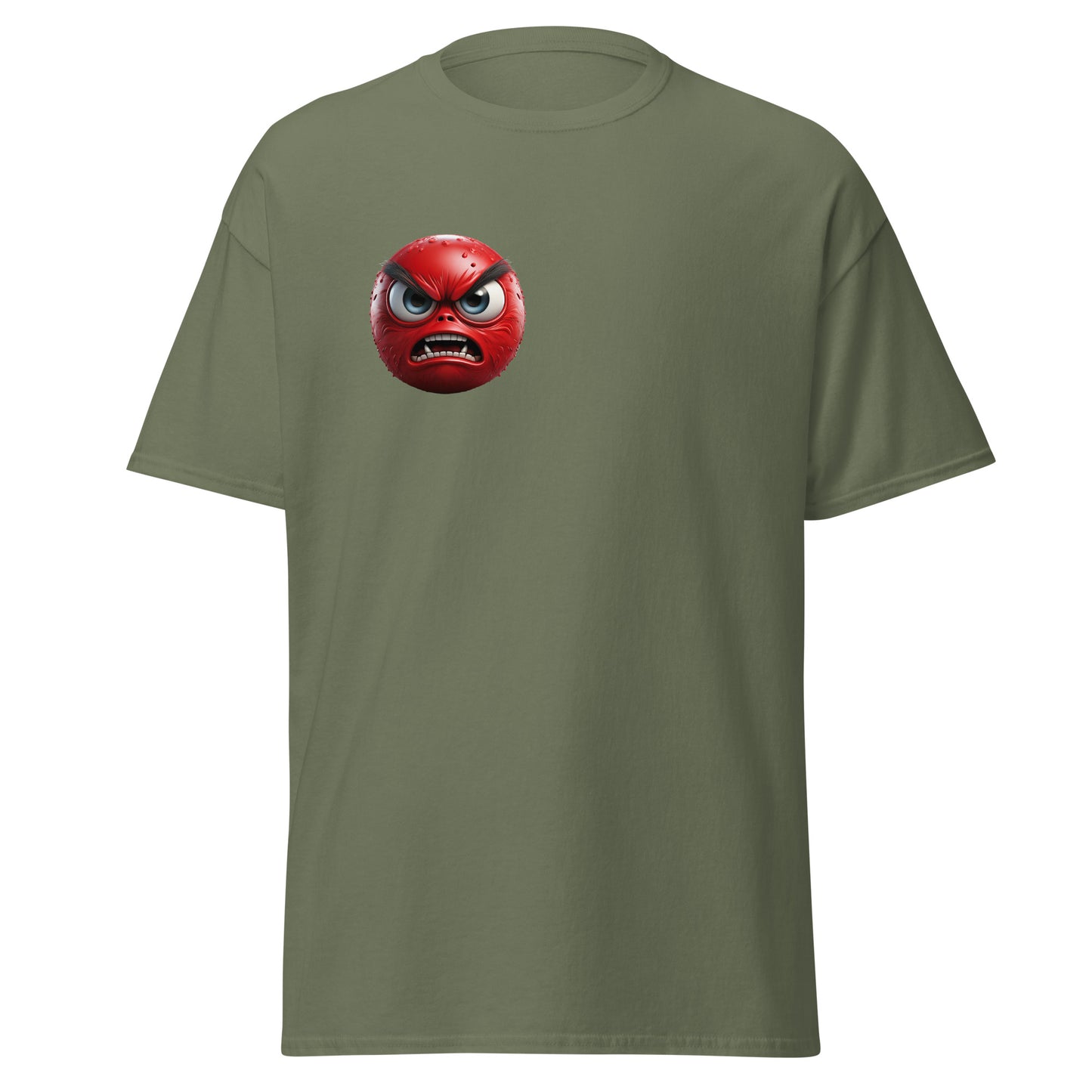 Olive green tee with angry blast emoji design, 100% cotton, perfect for trendy streetwear and sustainable fashion enthusiasts.