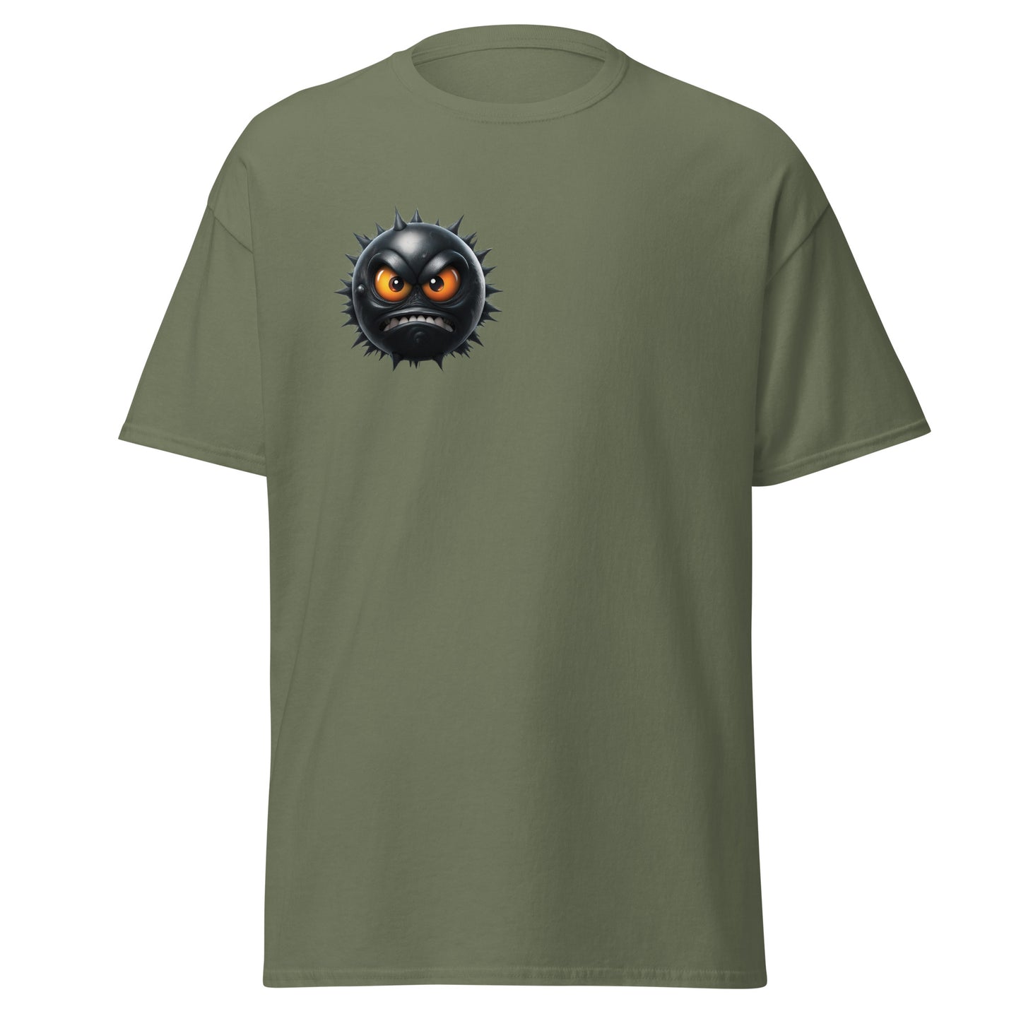 Olive green classic tee with a bold raging fury emoji design, perfect for trendy streetwear and unique fashion statements.