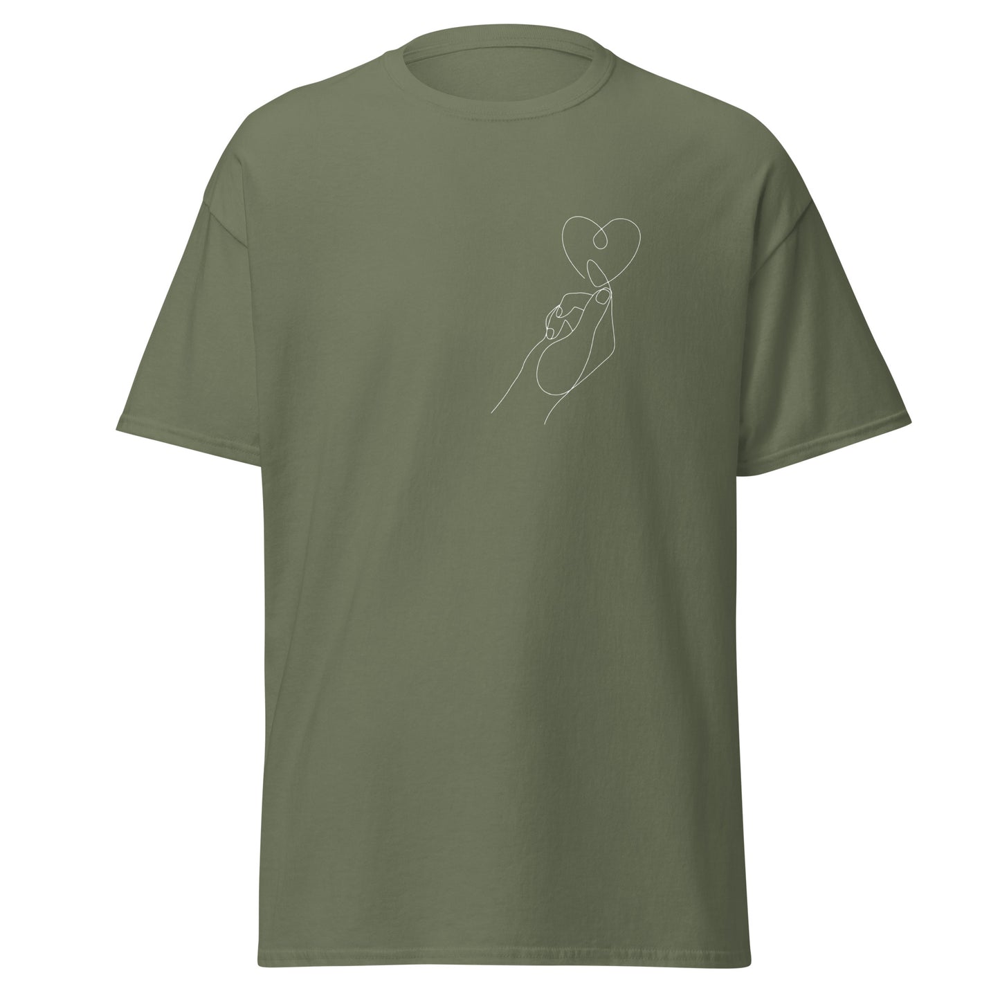 Unisex olive tee with heart in hand graphic, 100% cotton, minimalist design, perfect for trendy streetwear and casual wear.