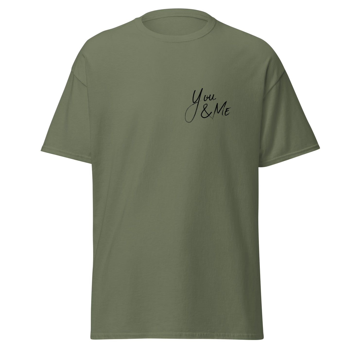 Olive green unisex classic tee with "You & Me" text, perfect for trendy streetwear and sustainable fashion lovers.