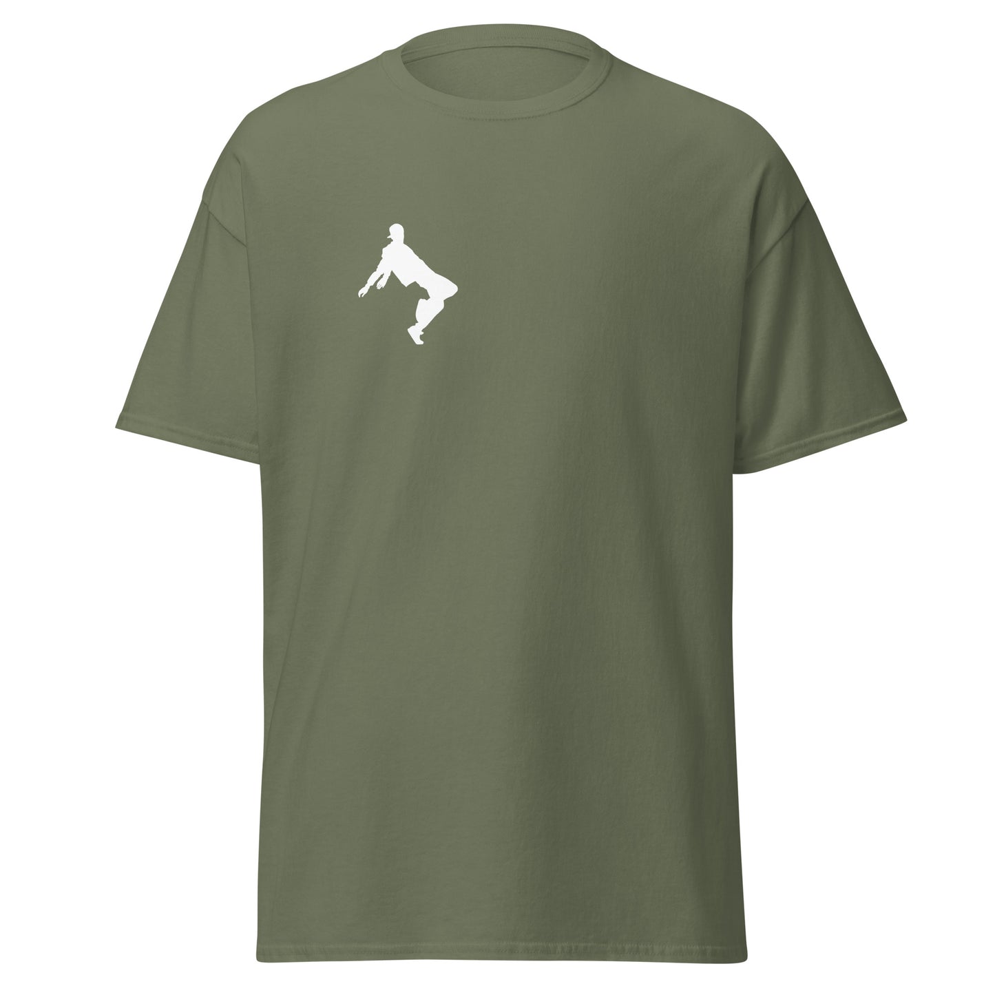 Unisex classic tee with white gravity-defying design, 100% cotton, olive green, trendy streetwear fashion statement piece.