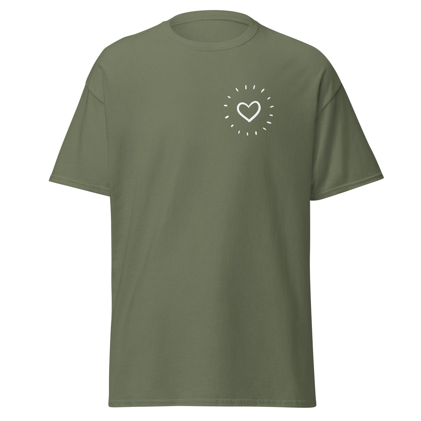 Olive green unisex classic tee with sunshine heart design, 100% cotton, perfect for trendy streetwear and sustainable fashion lovers.