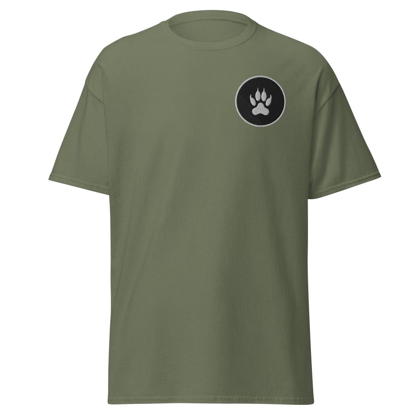 Green unisex classic tee with paw print, sustainable fashion, trendy streetwear, eco-friendly graphic design, minimalist style.