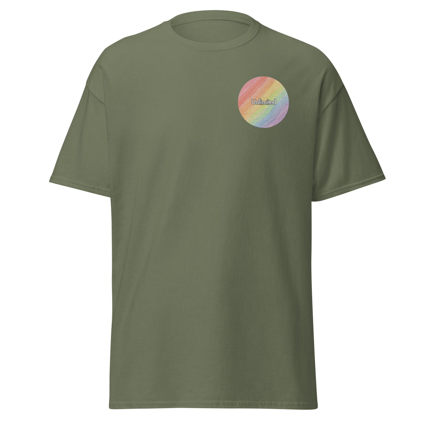 Olive green unisex classic tee with a rainbow circle design, 100% cotton, trendy streetwear fashion, perfect for layering and casual wear.