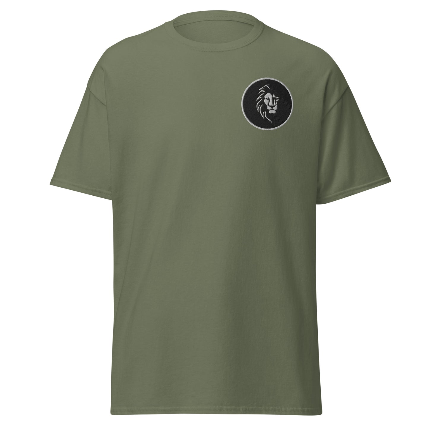 Unisex classic tee with lion design, 100% cotton, olive green, statement piece for trendy streetwear fashion, sustainable apparel.