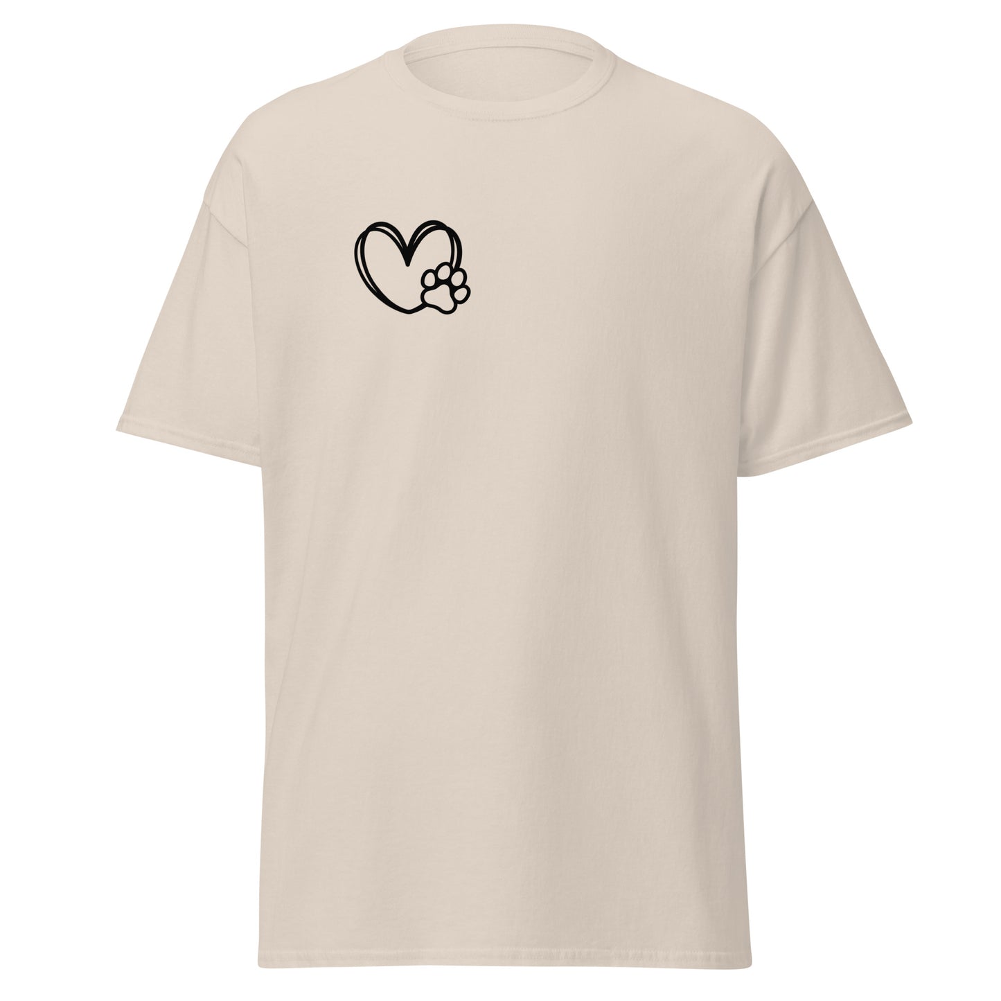 Unisex cotton tee with heart and paw design, perfect for trendy streetwear and sustainable fashion lovers.