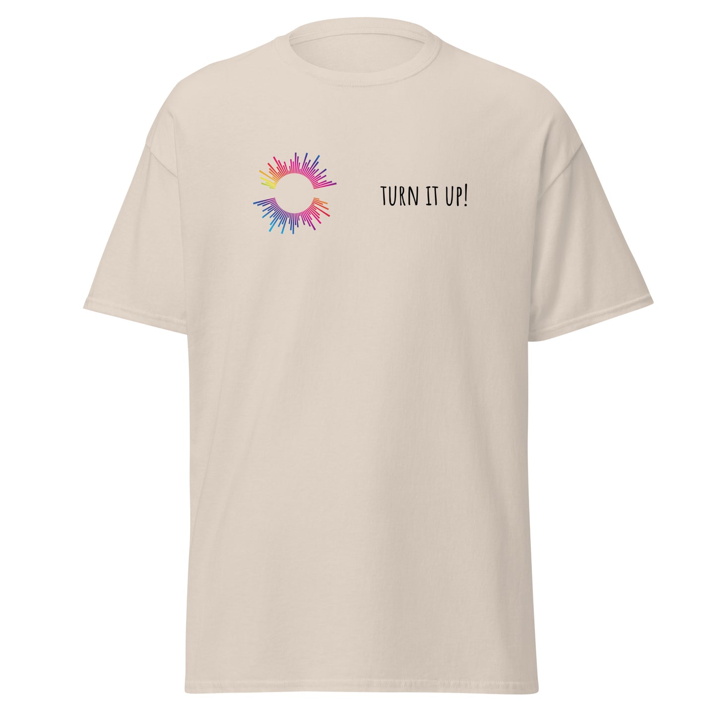 Turn it Up unisex classic tee with colorful graphic, 100% cotton, perfect for trendy streetwear and eco-friendly fashion lovers.