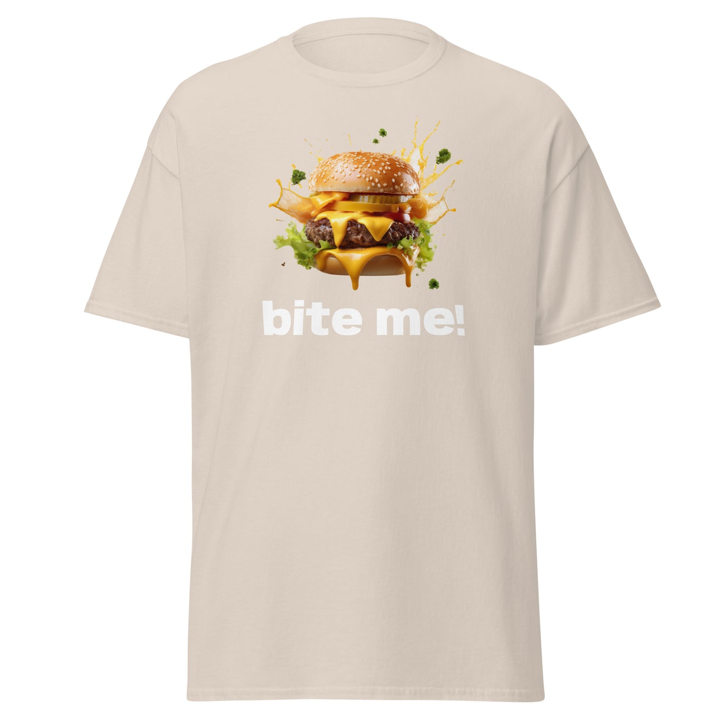 Unisex classic tee with "Bite Me Burger" graphic print, 100% cotton, trendy streetwear fashion, perfect for casual and layered outfits.