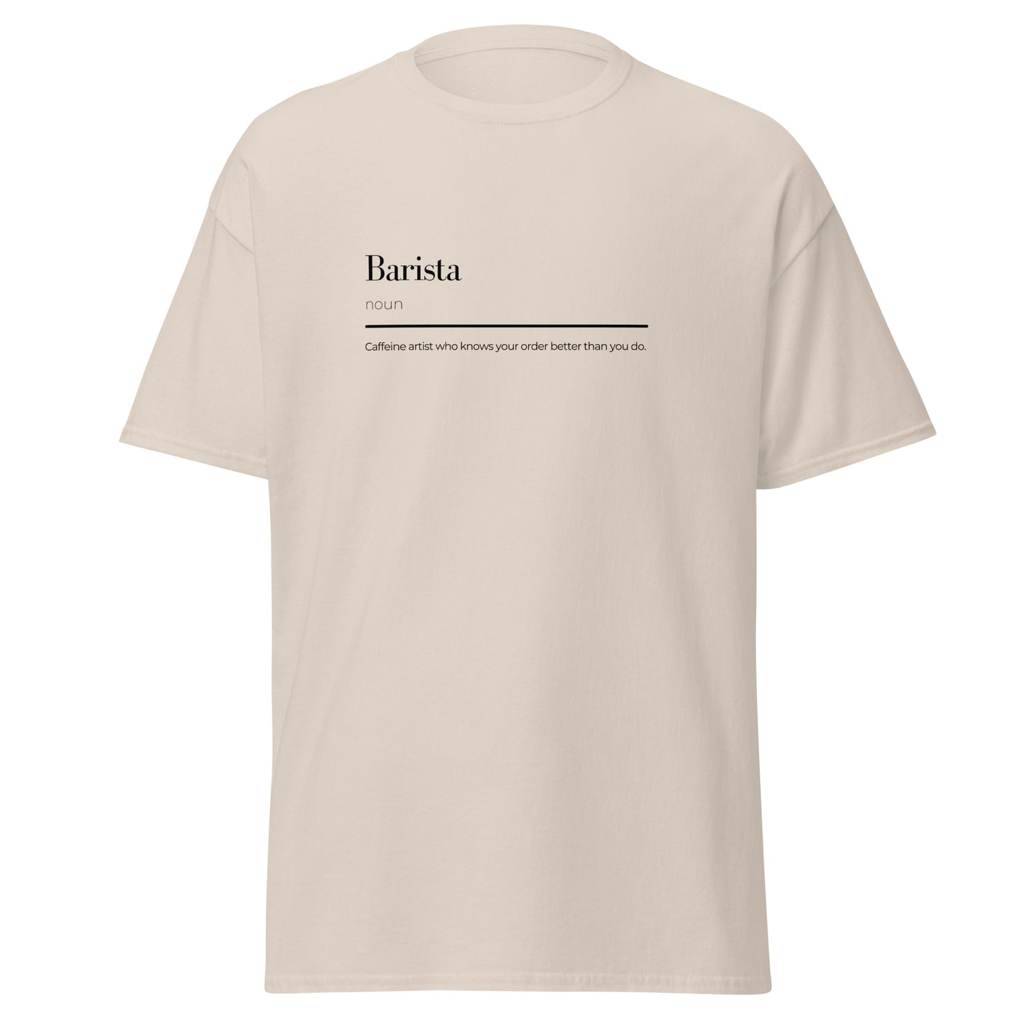 Unisex classic tee with barista wordplay design, 100% cotton, perfect for trendy streetwear and sustainable fashion lovers.