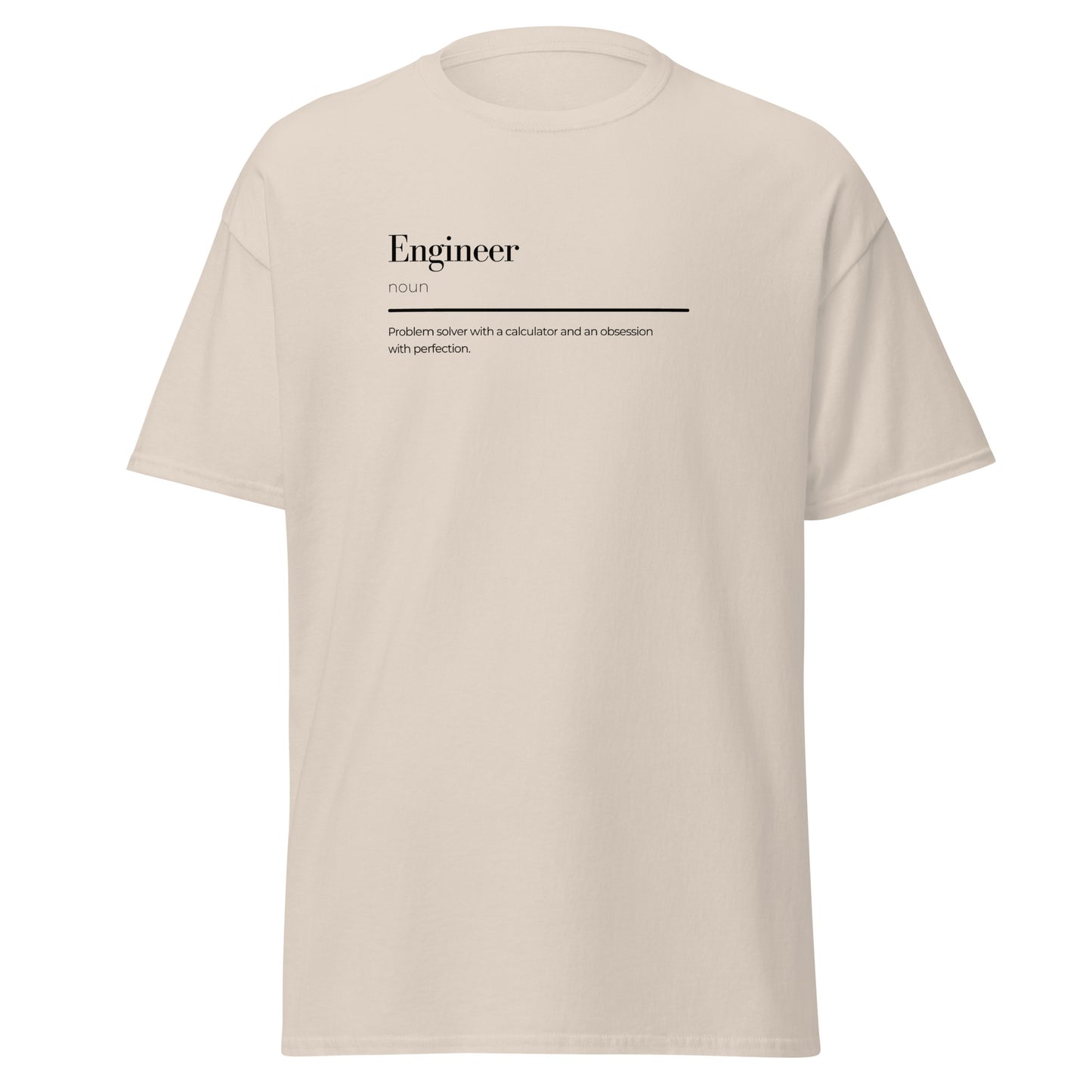 Unisex classic tee with engineer wordplay design, perfect for casual wear and statement fashion pieces. Eco-friendly, trendy, and unique.