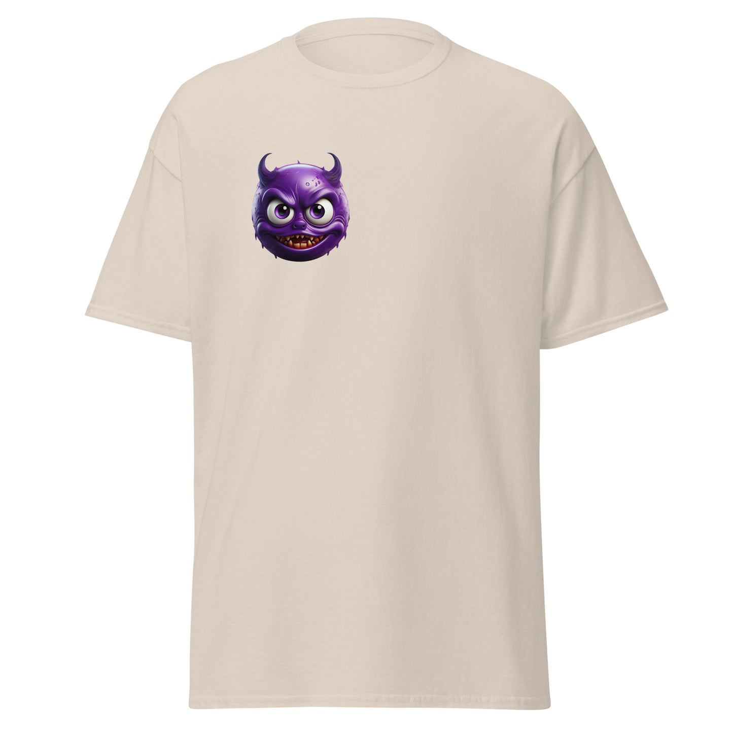 Mischievous devil emoji unisex tee with bold graphic design, perfect for trendy streetwear and eco-friendly fashion lovers.