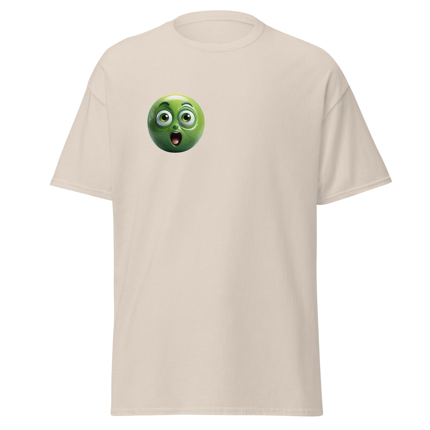 Surprised reaction emoji unisex classic tee, eco-friendly cotton, unique streetwear design, minimalist graphic T-shirt.