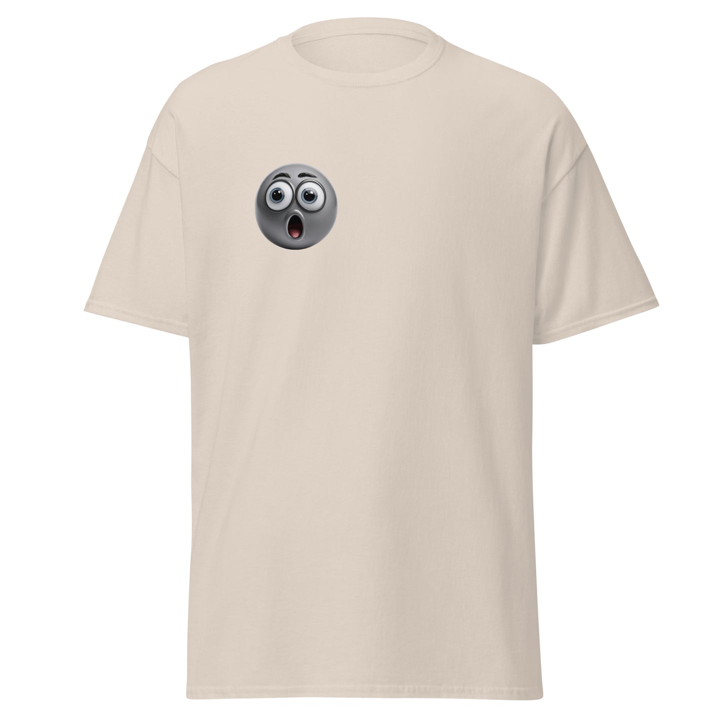 Unisex classic tee with shocked emoji design, sustainable fashion, 100% cotton, trendy streetwear, bold graphic tee, casual wear.