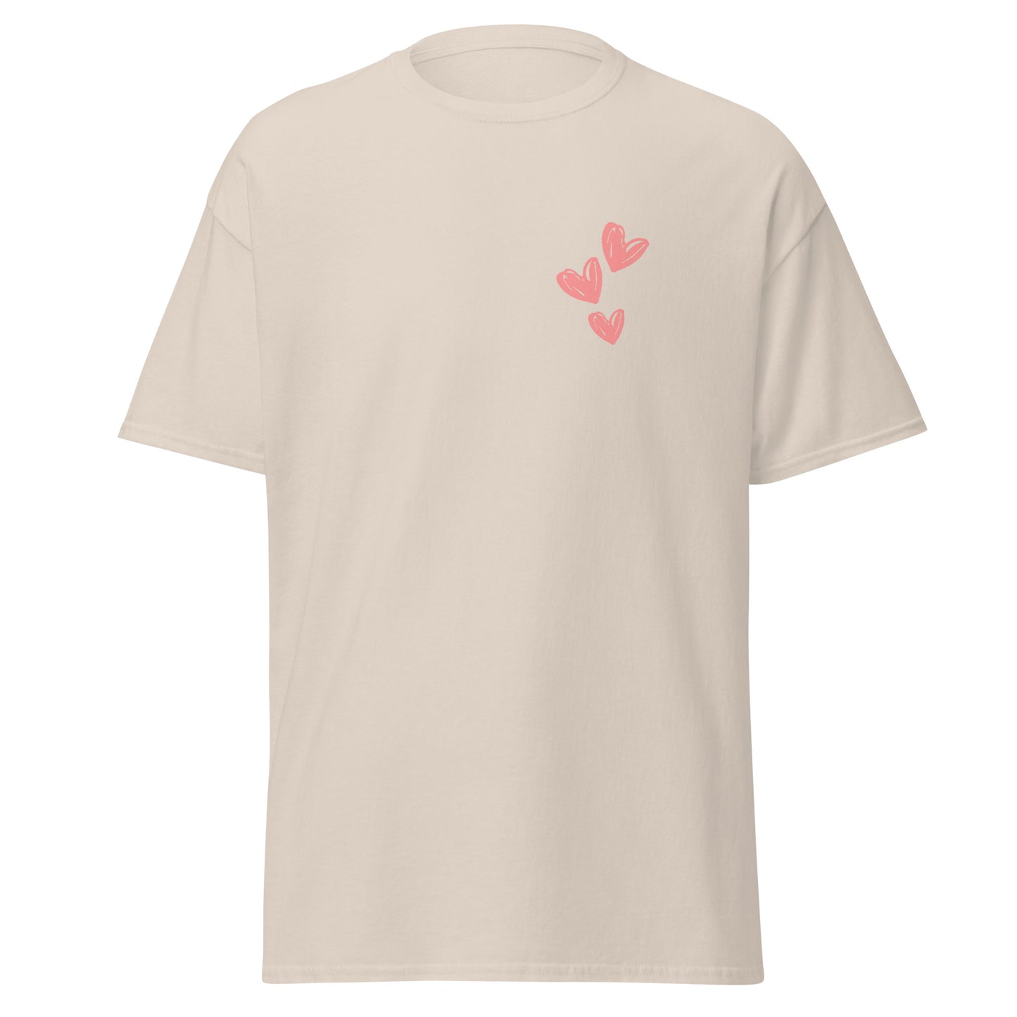 Triple Love Unisex Classic Tee with pink heart design, cotton, minimalist fashion, perfect for trendy streetwear outfits.