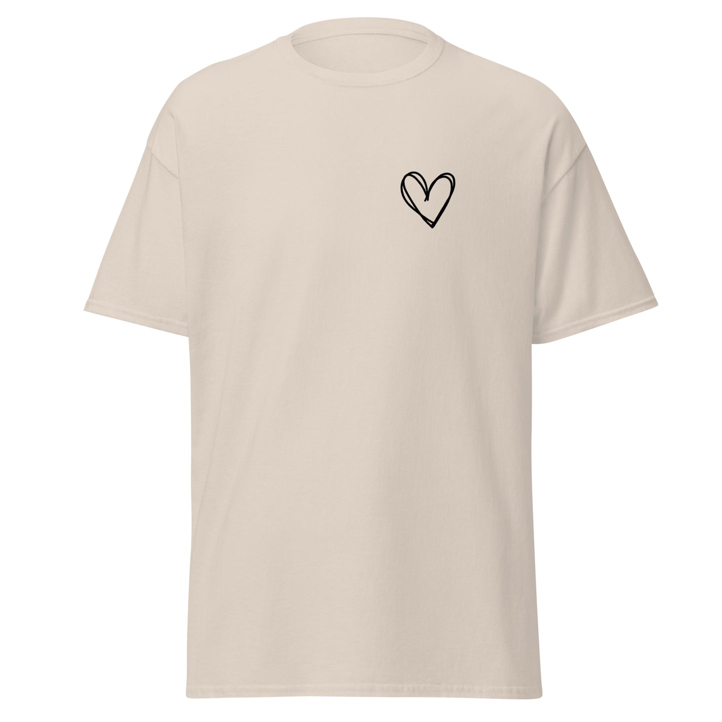 Unisex classic tee with minimalist heart design, 100% cotton, trendy streetwear, eco-friendly custom apparel, casual fashion statement.