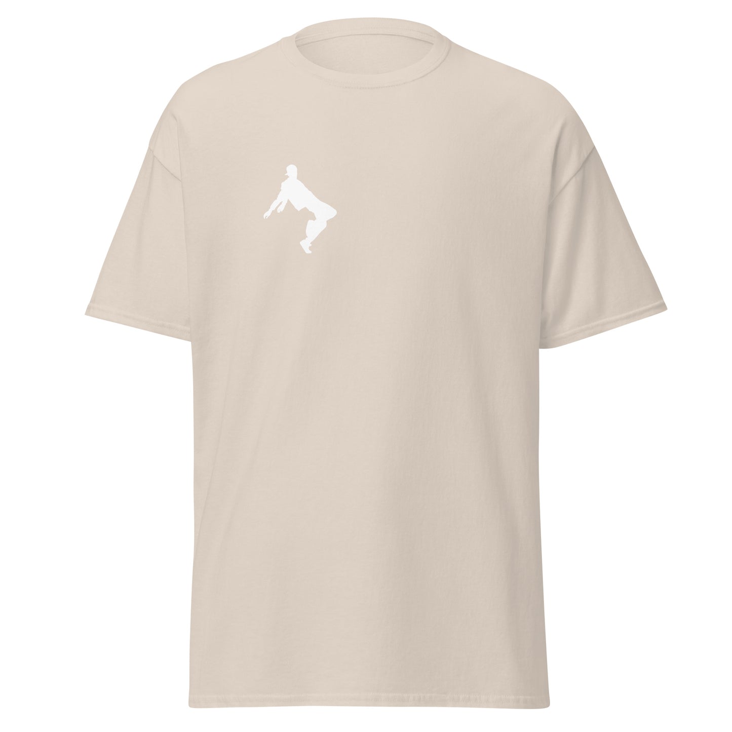 Unisex classic tee in beige with minimalist graphic, perfect for trendy streetwear and eco-friendly fashion enthusiasts