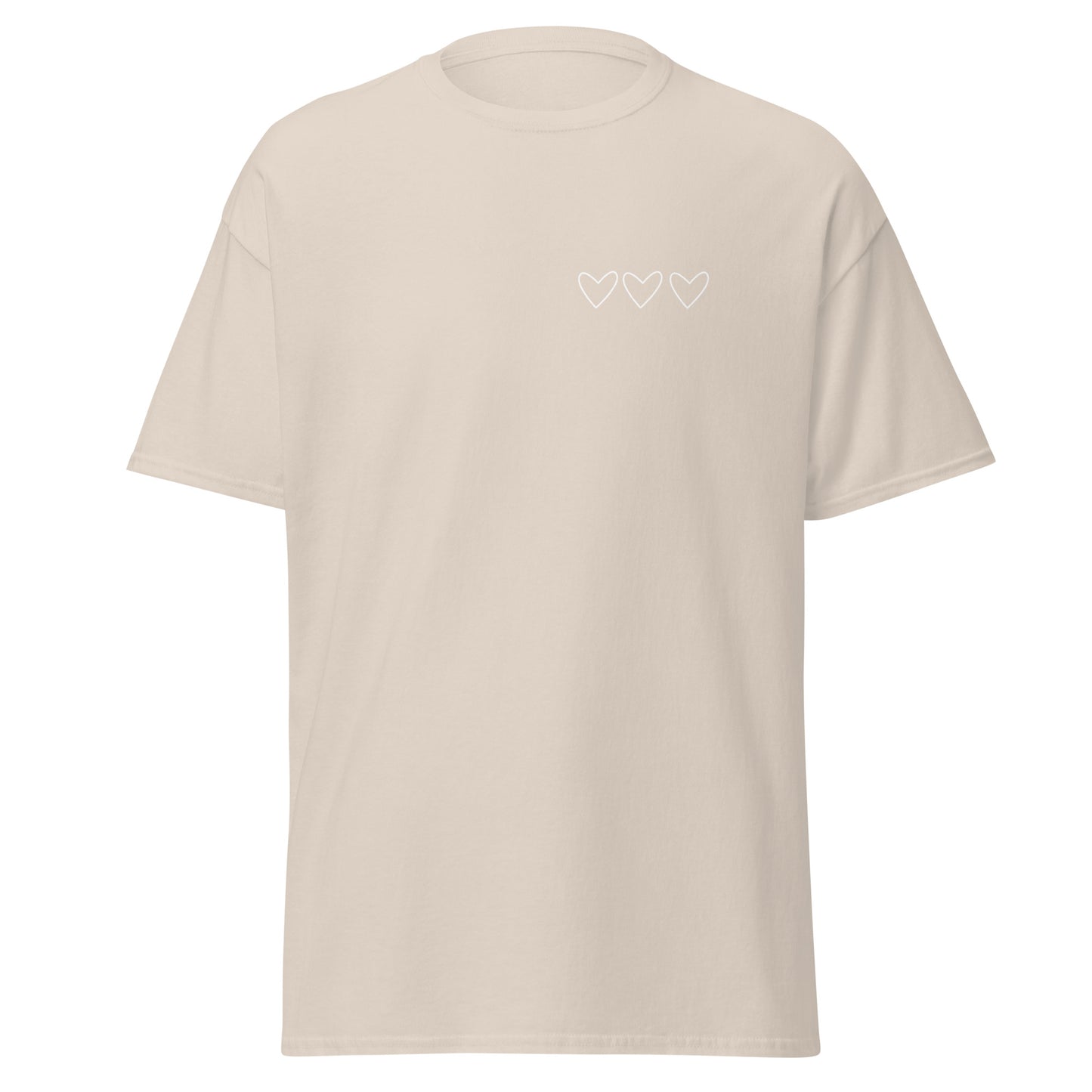 "Heart Trace Unisex Classic Tee in beige with minimalist heart design, perfect for trendy streetwear outfits and sustainable fashion enthusiasts."