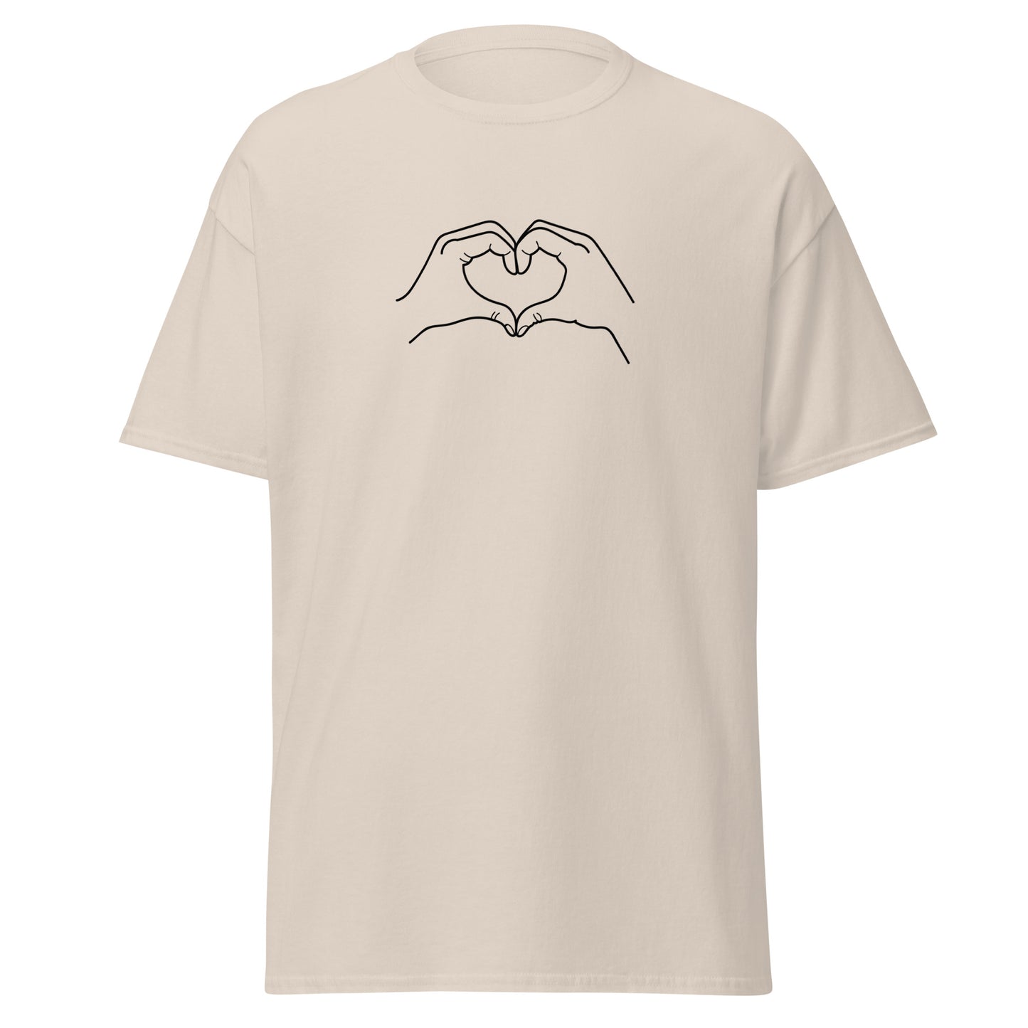 Unisex classic tee with heart hand design, 100% cotton, perfect for trendy streetwear and sustainable fashion enthusiasts.