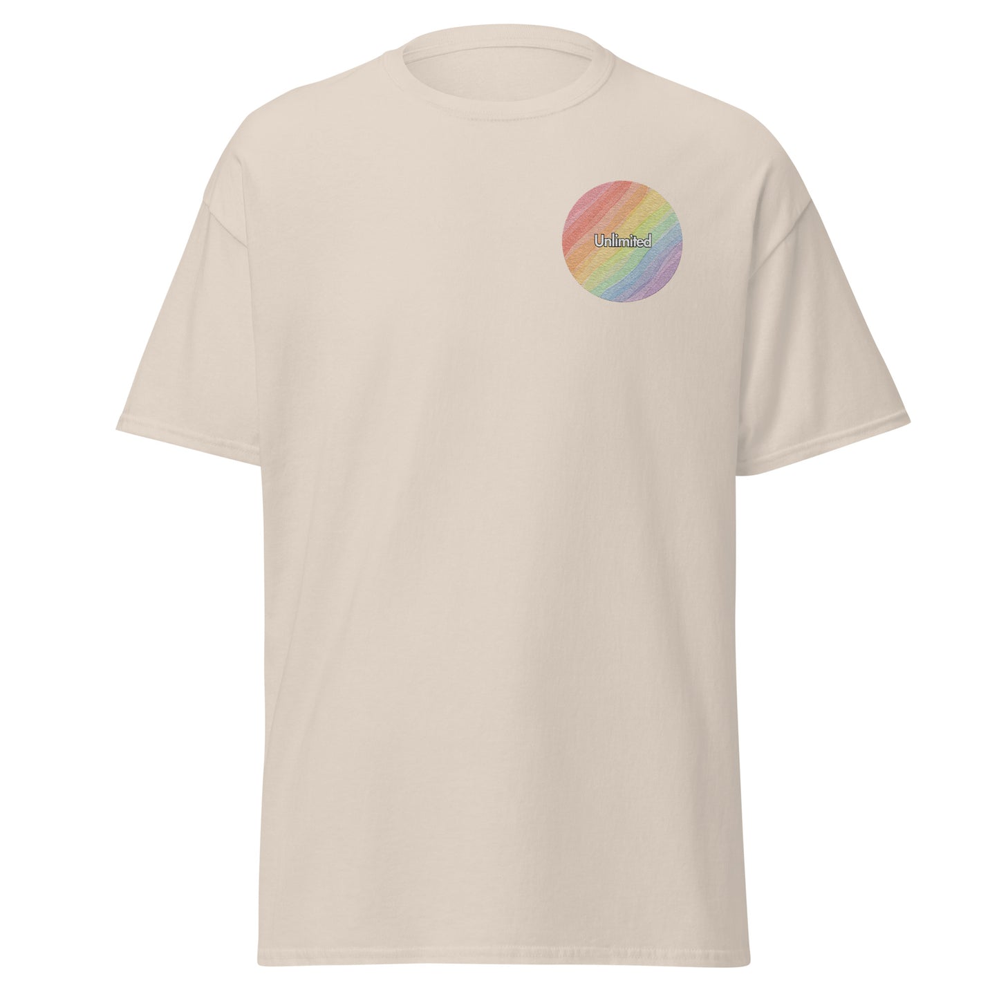 Unisex classic tee with rainbow graphic, eco-friendly cotton, trendy streetwear, minimalist fashion, sustainable T-shirt design